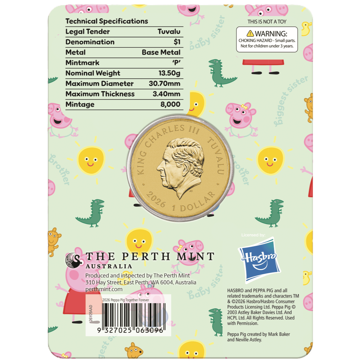 Peppa Pig Together Forever card back listing coin specifications with the King Charles III obverse.