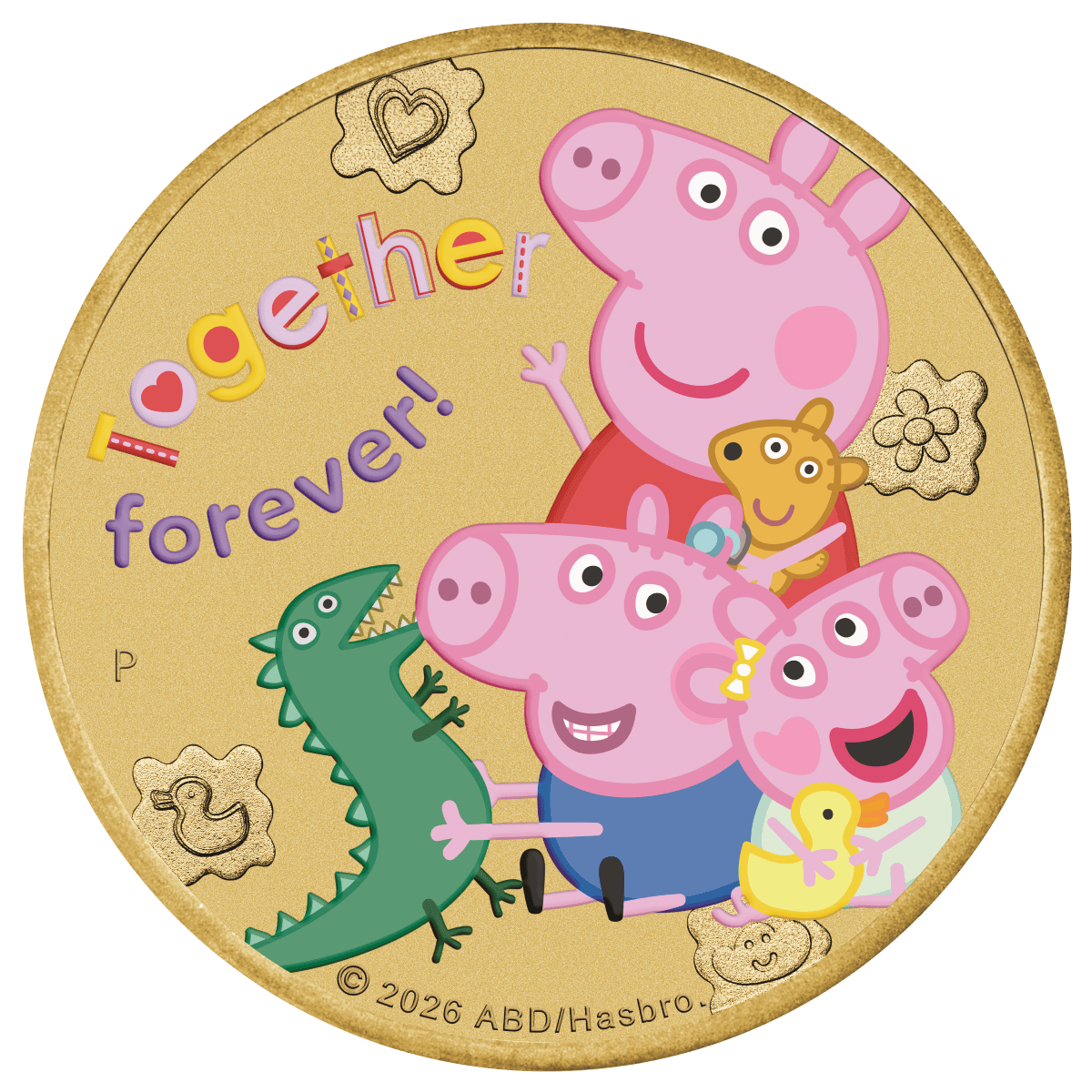Colorized Together Forever reverse of the 2026 Peppa Pig coin with the family and George.