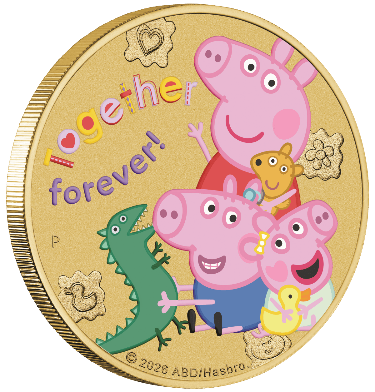 Angled Peppa Pig Together Forever gilded coin showing the colorized family reverse and reeded edge.