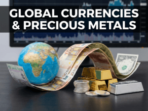 News banner with a globe, world banknotes, gold bars, and silver beside a price chart.