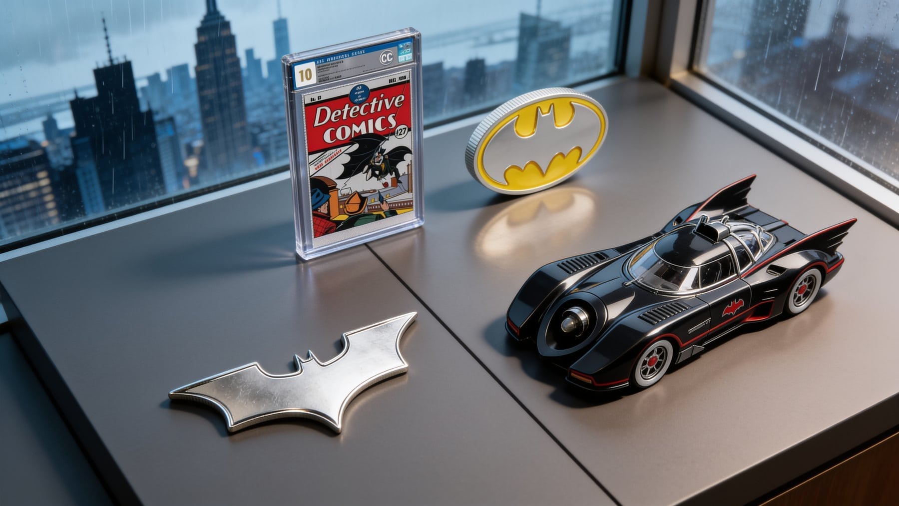 Batman silver foil, logo coin, Batarang coin, and Batmobile silver coin arranged as a collector timeline