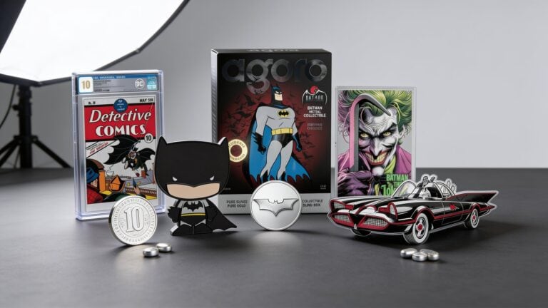 Batman silver foils, shaped silver coins, Batmobile, blind box, and modern Batman silver collectibles arranged on a collector display surface