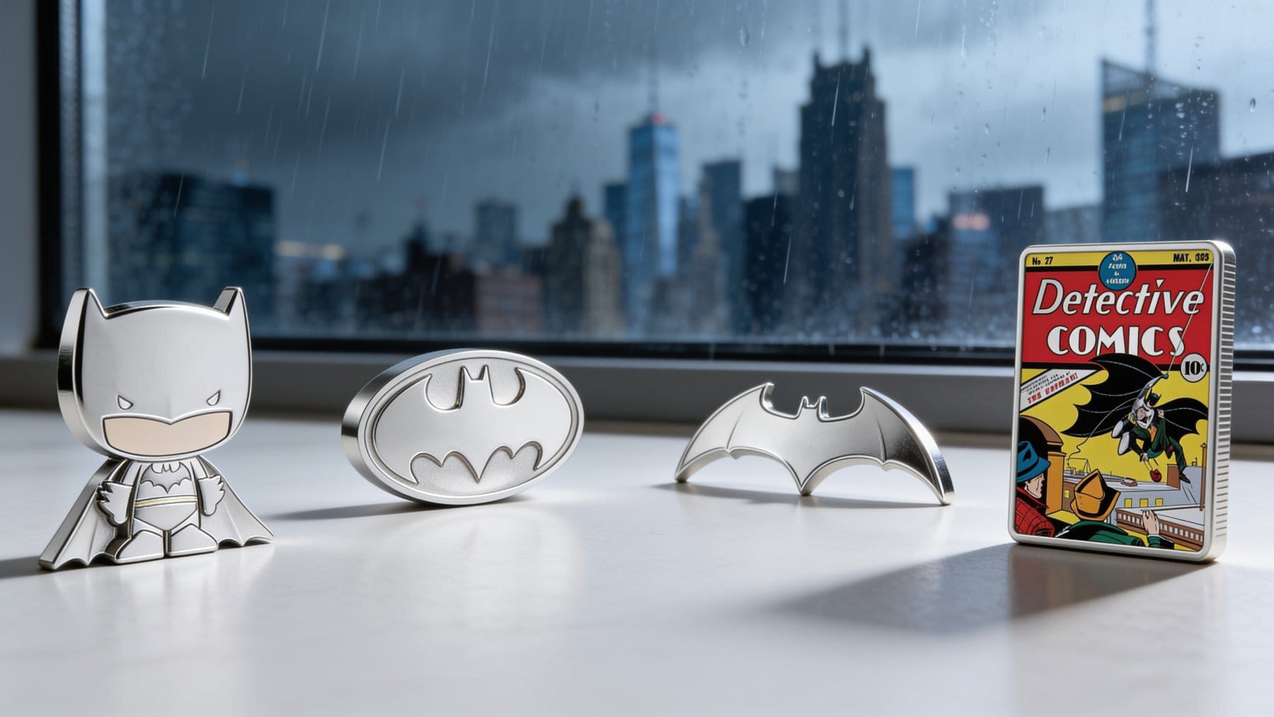 Batman Chibi, logo, Batarang, and comic-cover silver coin formats arranged in a modern collector display