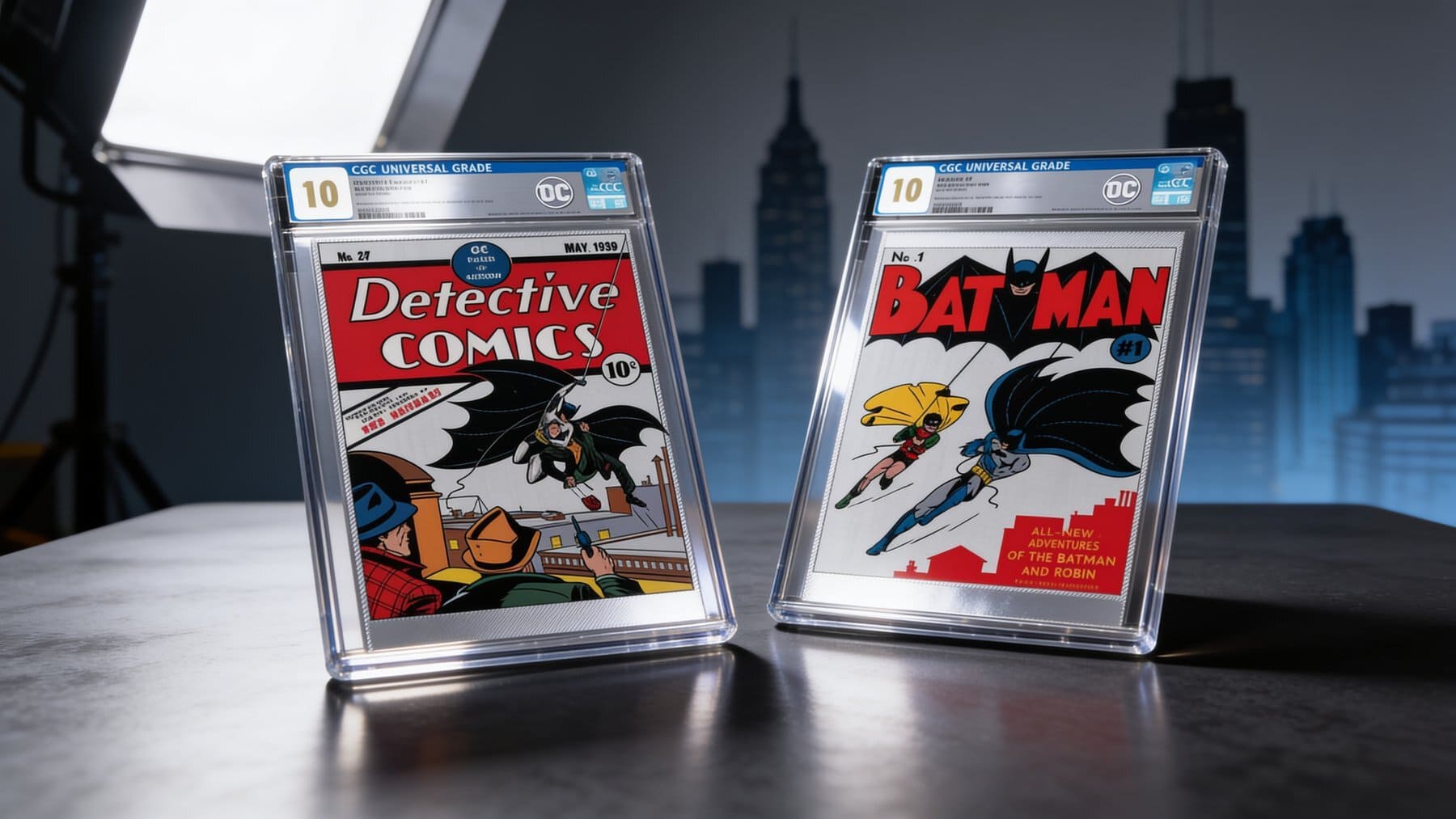 Detective Comics 27 and Batman 1 silver foils displayed together in a Gotham-inspired collector scene