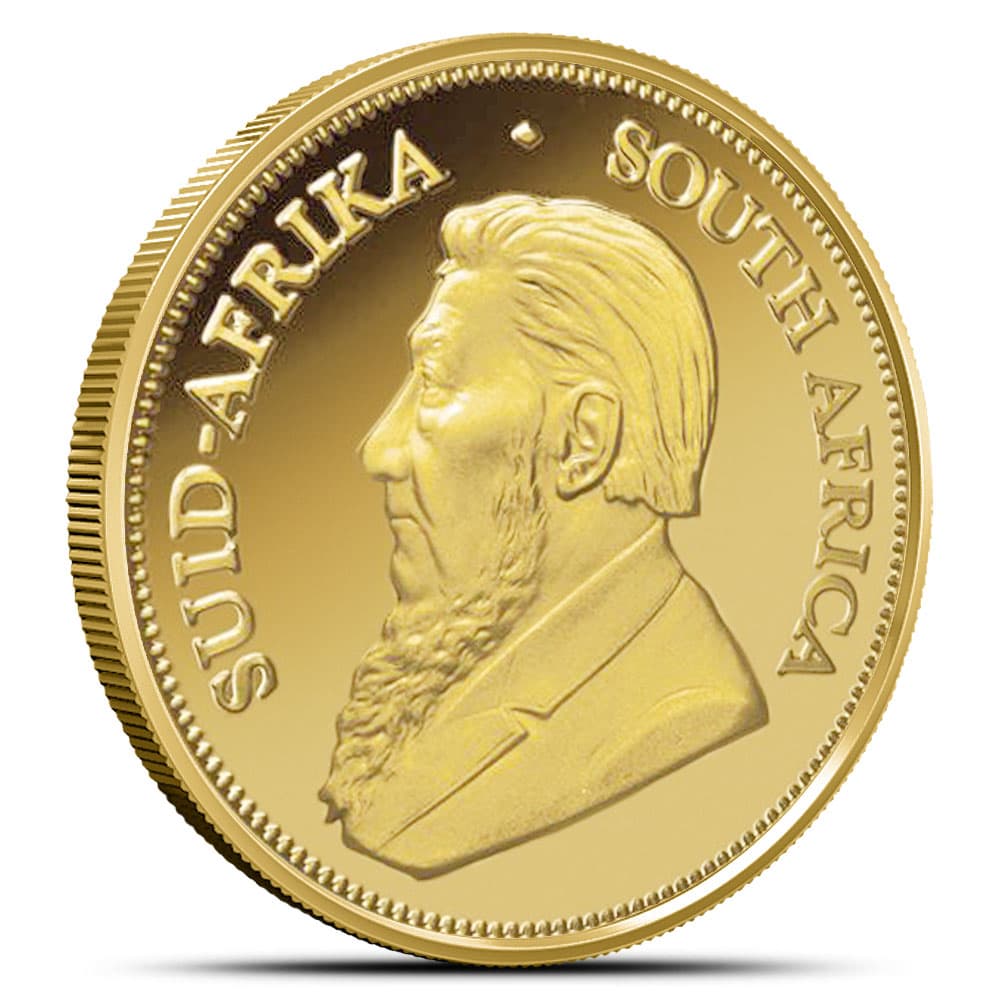 110 oz South African Krugerrand gold coin back side, detailed with South African emblem.