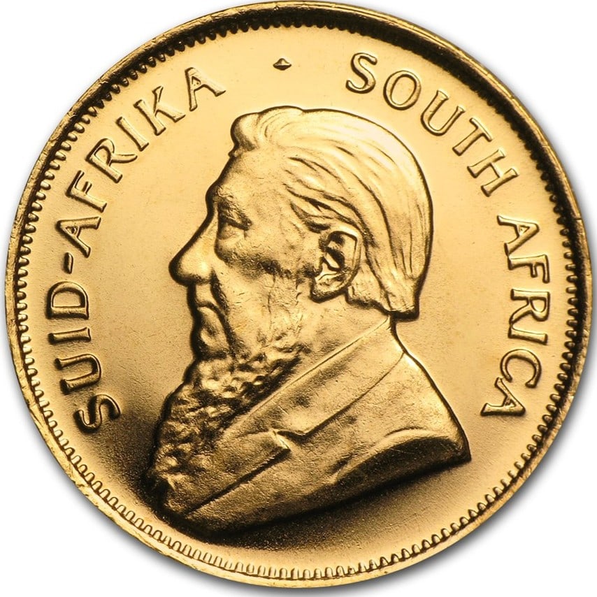 110 oz South African Krugerrand gold coin front view, random year, detailed portrait of Paul Kruger.
