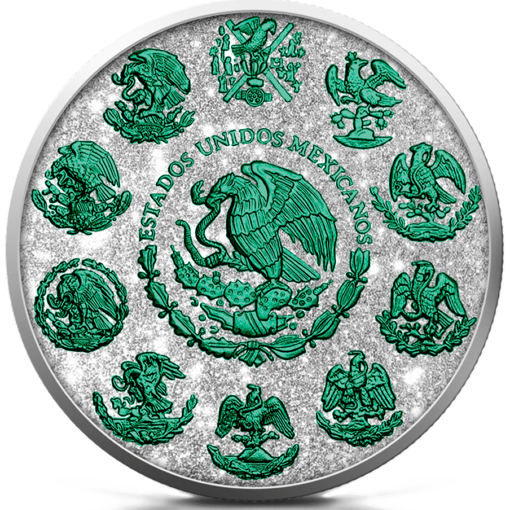 Mexico Libertad coin with diamond dust and poison design, front view, silver color, 1 oz.