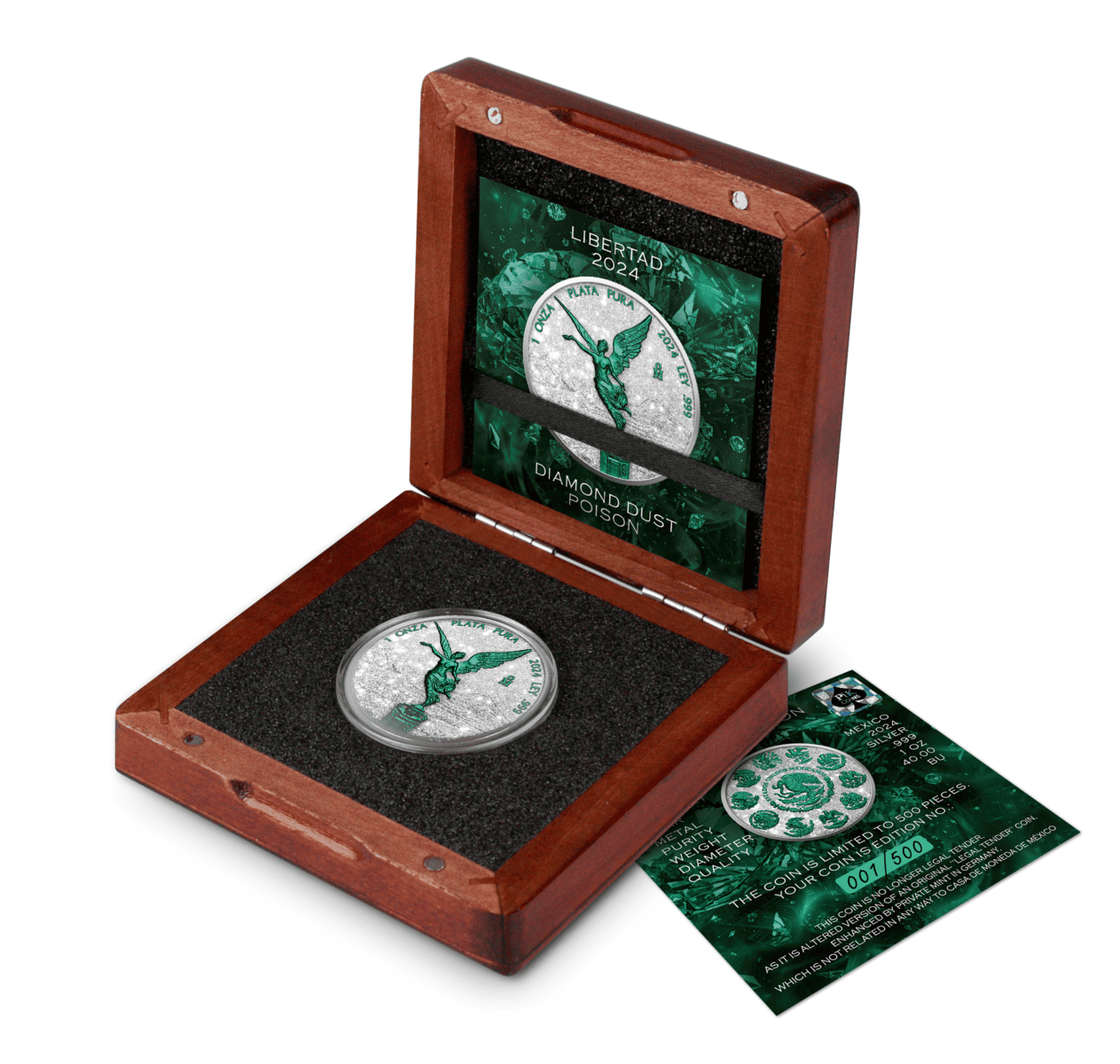 2024 Mexico Libertad Diamond Dust Poison 1 oz Silver Colorized Coin in wooden box.