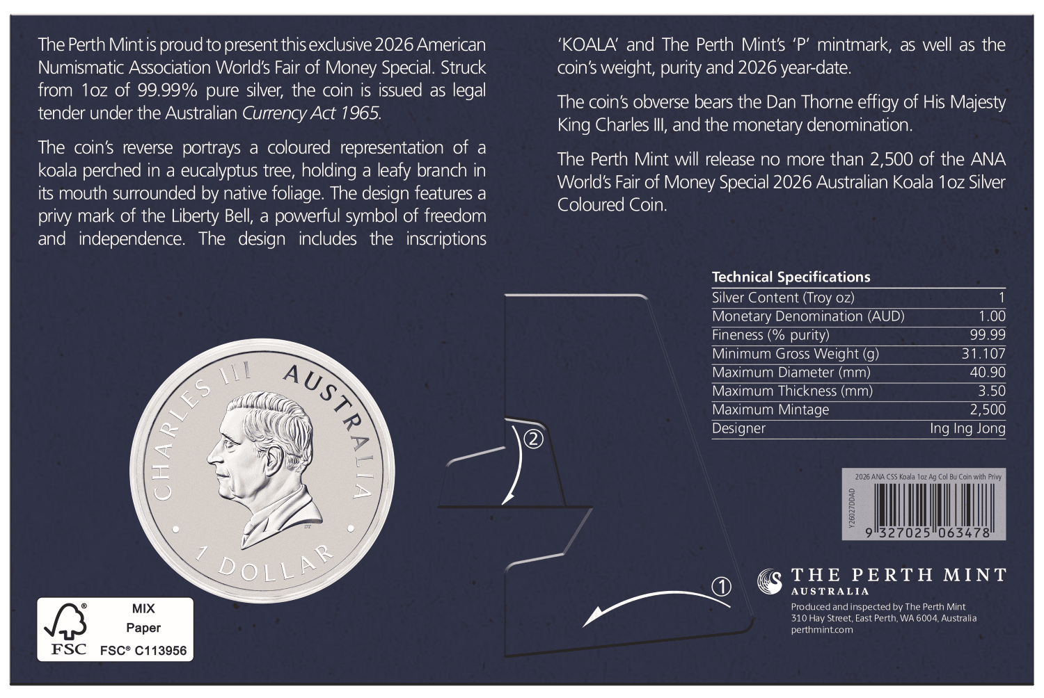 Back of the ANA World's Fair of Money Special presentation card, coin description and specifications table