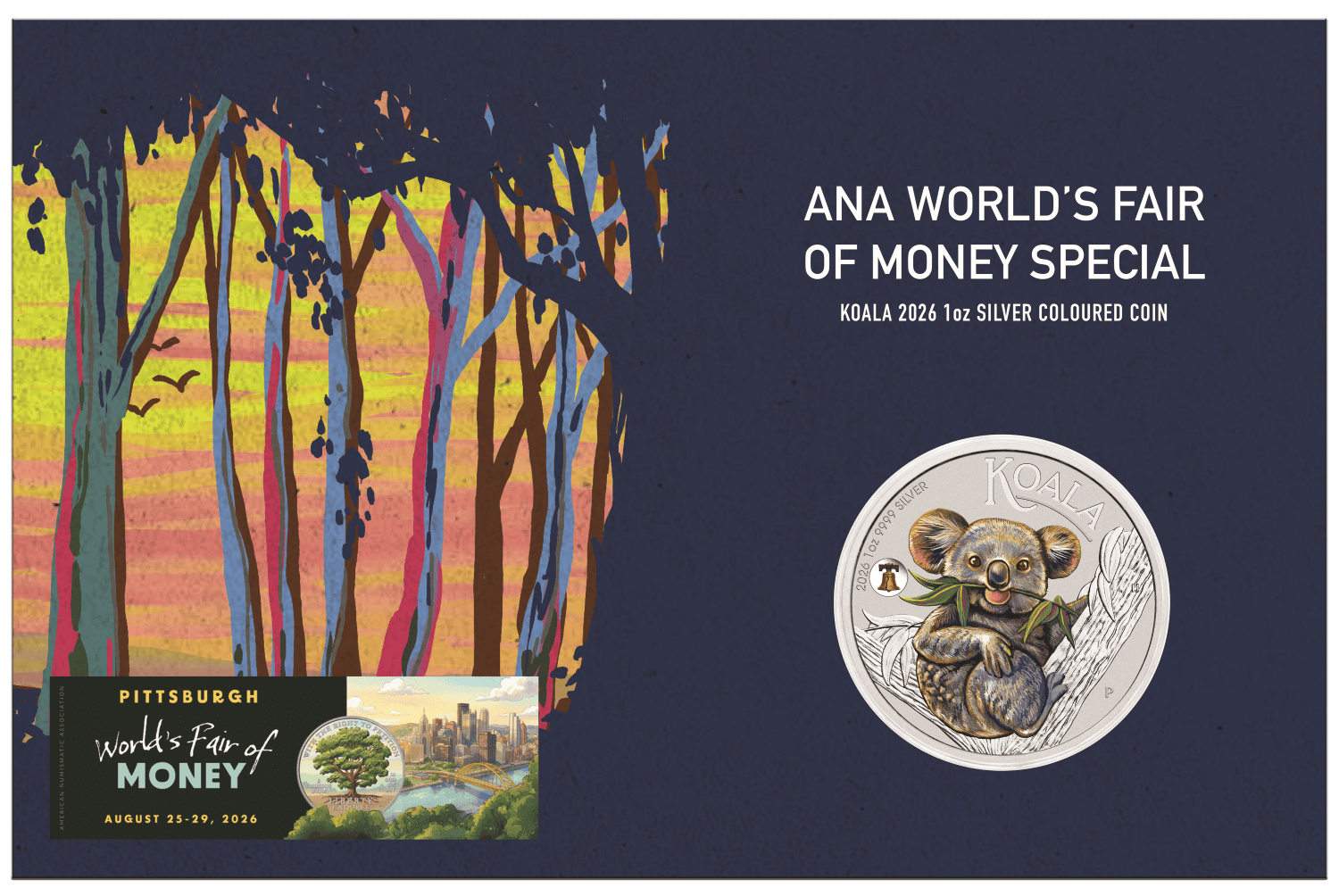 Front cover of the presentation card for the ANA World's Fair of Money Special Koala 1 oz silver colorized coin