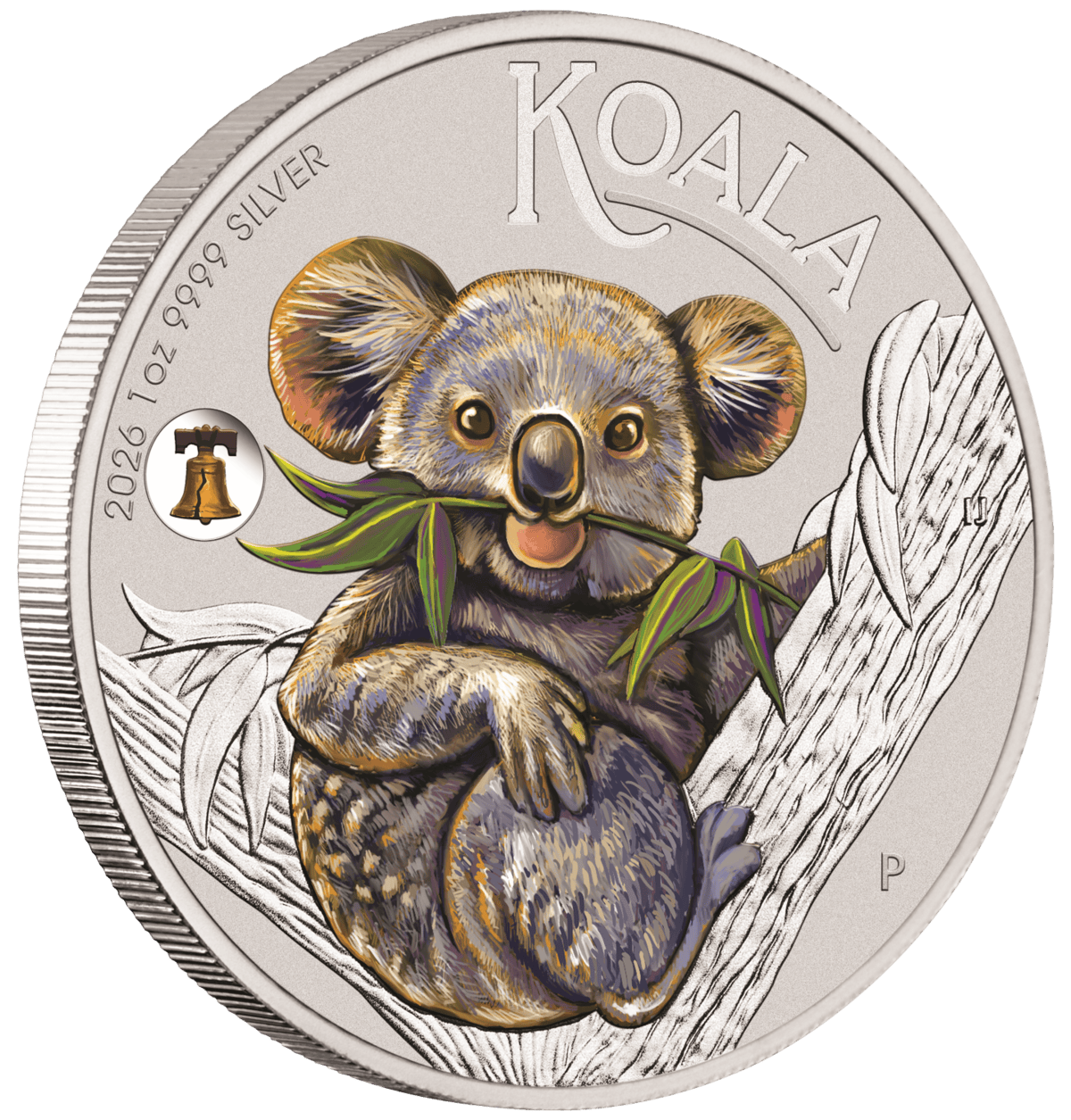 Angled view of the 2026 Australia Koala 1 oz silver colorized coin showing the reeded edge and koala reverse
