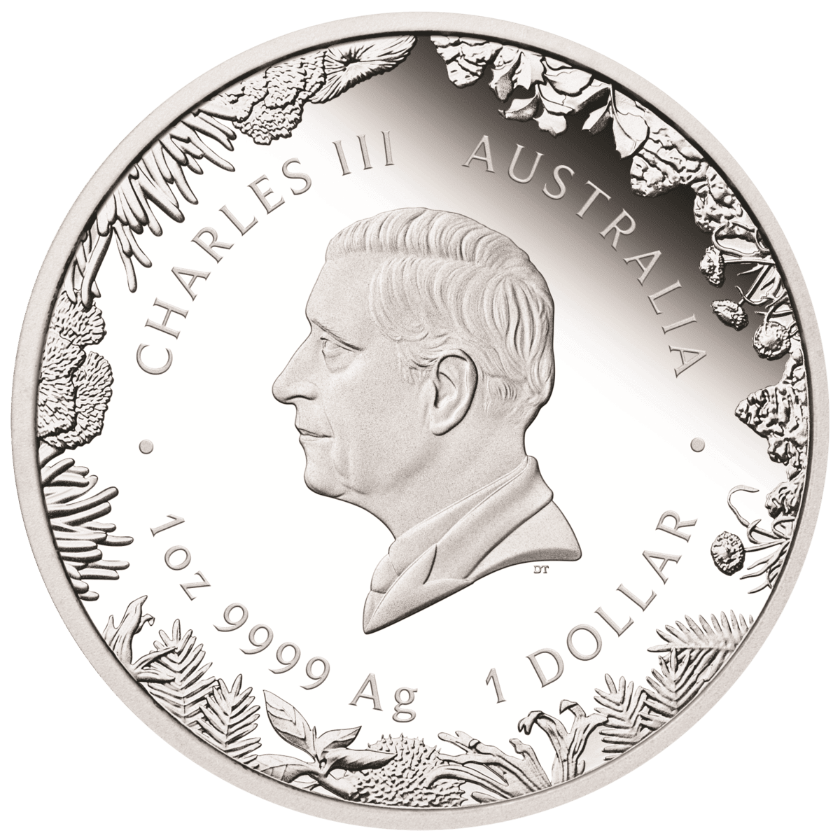 Obverse of the Wonders of Australia coin, portrait of King Charles III framed by native foliage