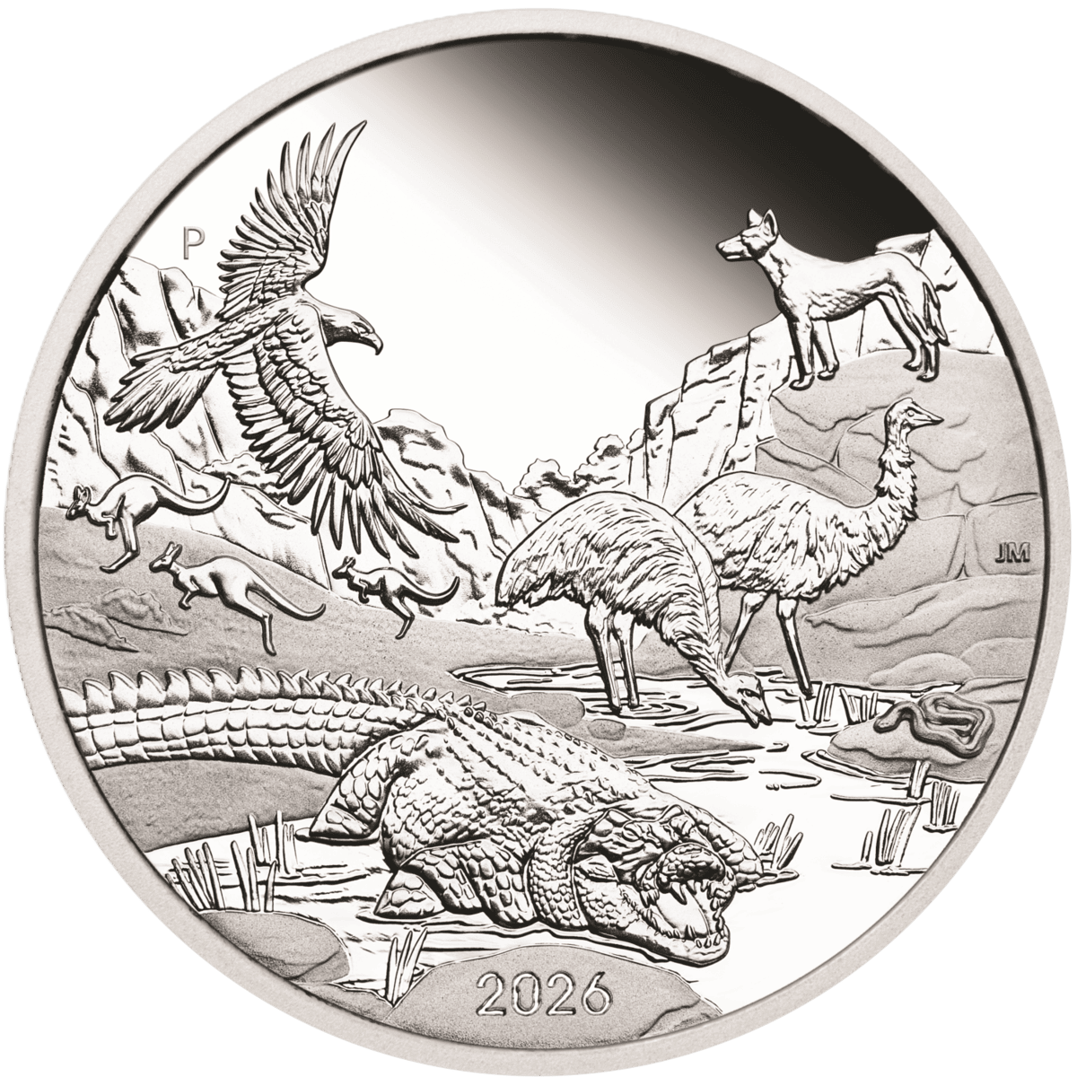 Wonders of Australia The Outback silver proof coin, reverse design with an eagle, kangaroos, dingo, emus and a crocodile