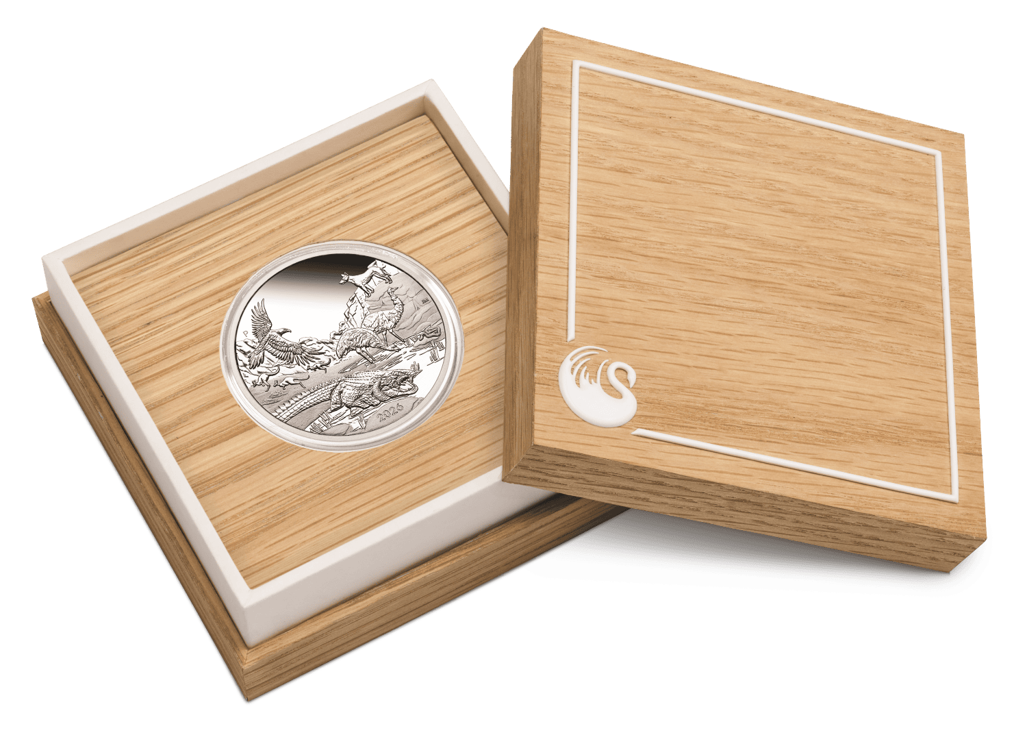 Wonders of Australia coin box open, showing the silver proof coin in its wooden presentation case