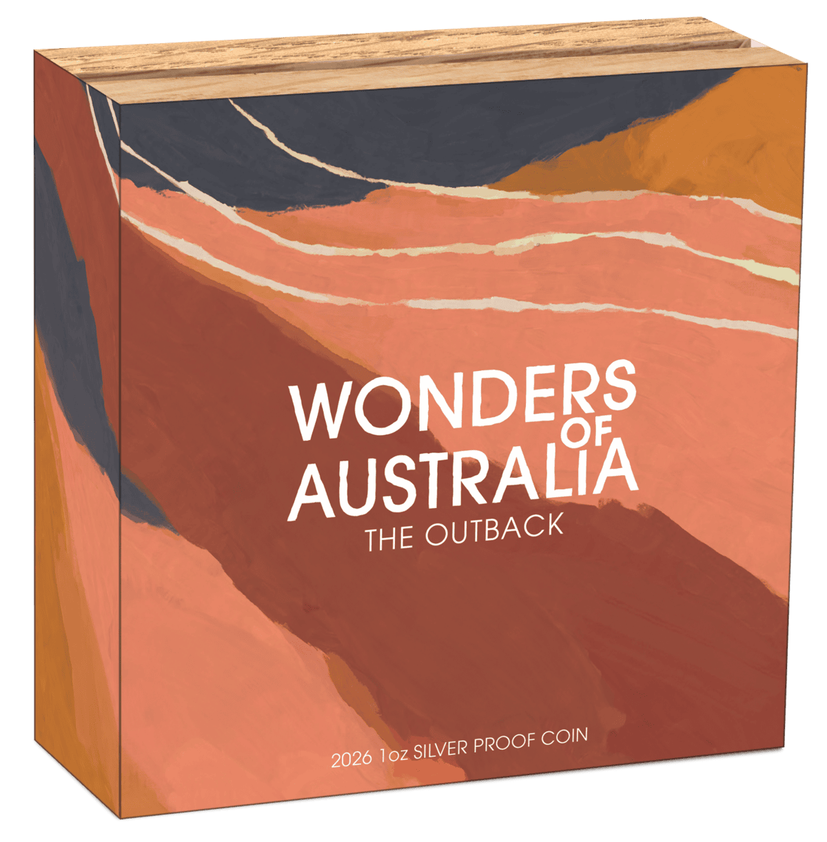 Wonders of Australia The Outback 2026 1 oz silver proof coin box, terracotta Outback landscape artwork with wood-grain lid