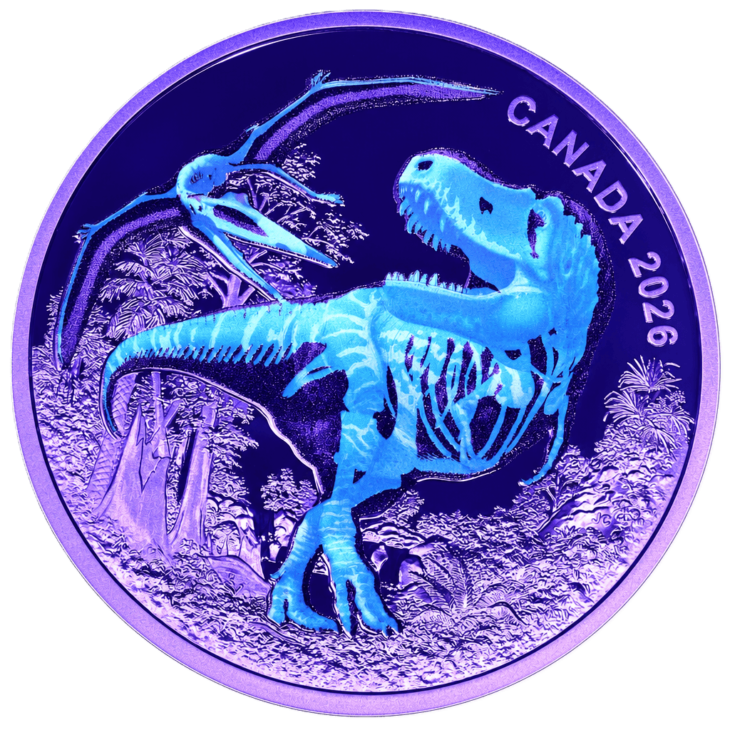 2026 Canada T Rex 1 oz Silver Proof Coin with UV Effect, Reserve Back.