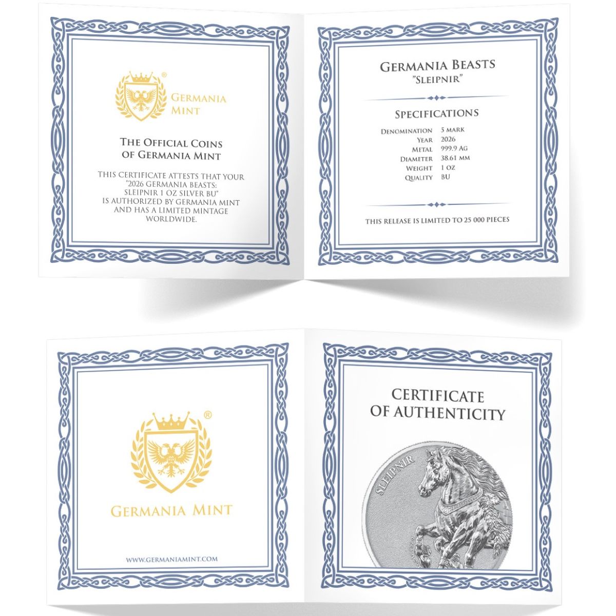 2026 Germania Beasts Sleipnir 1 oz Silver BU Coin GR Reserve Back, detailed design.