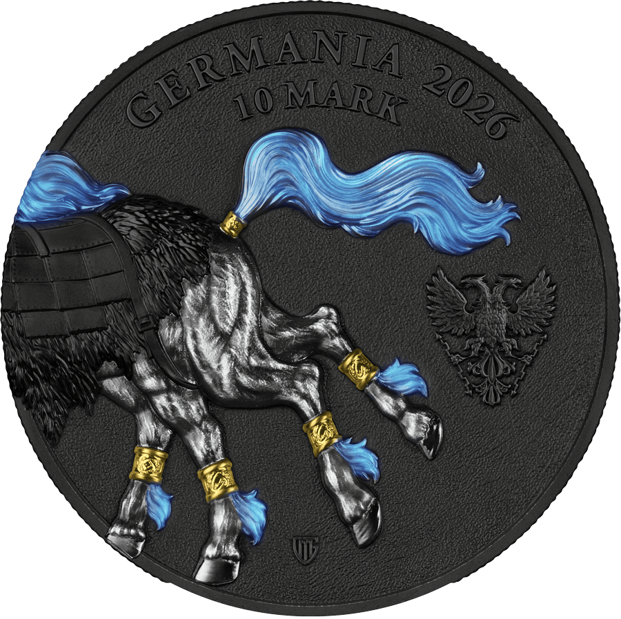 Germania Beasts Sleipnir 2 oz Silver UHR Coin with UV effect, black background, blue mane, and gold-.