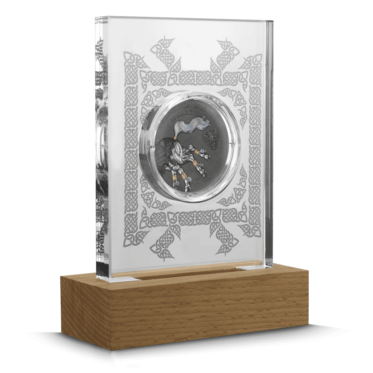 2026 Germania Beasts Sleipnir 2 oz Silver UHR Coin with UV Effect in GR Reserve Case Back.