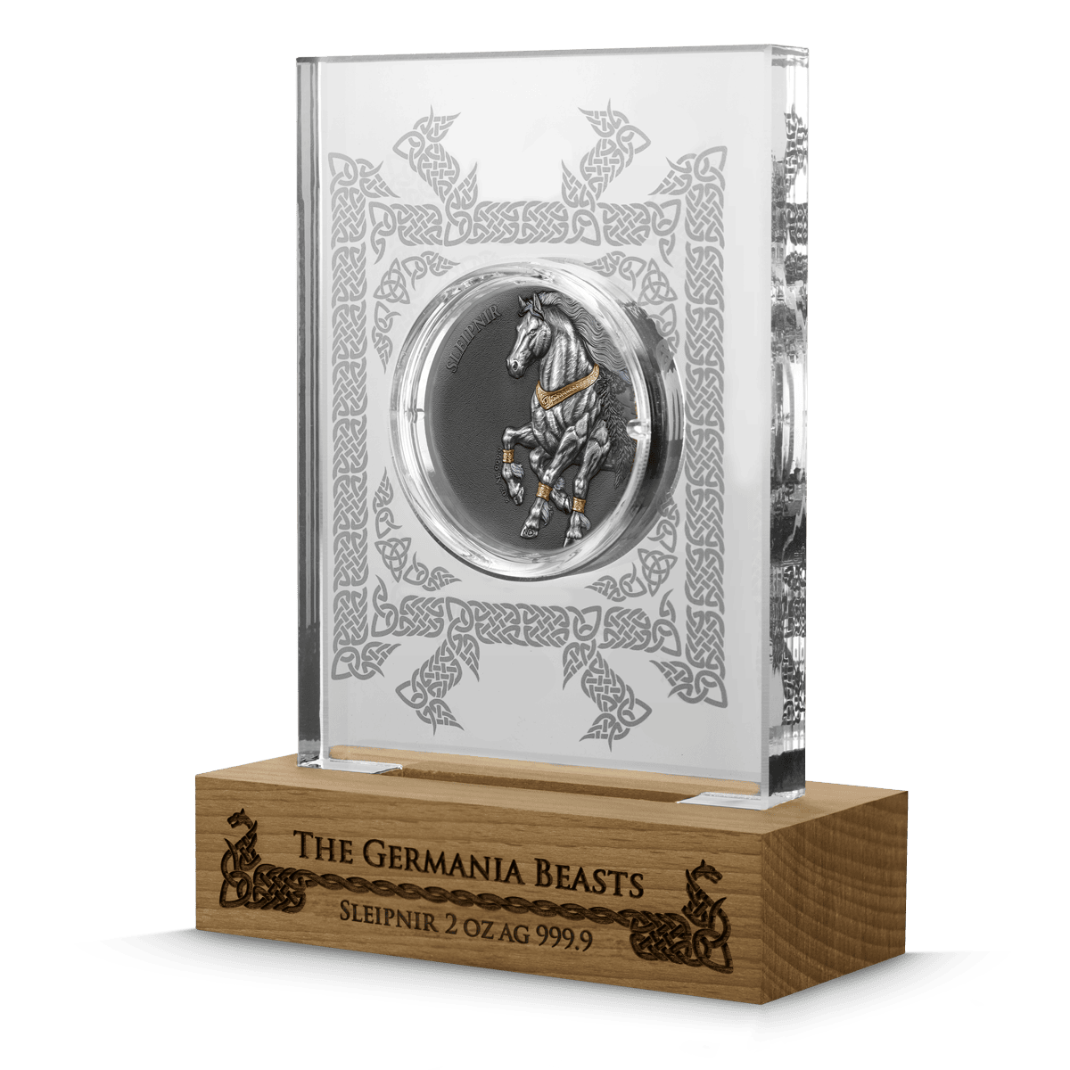 Sleipnir 2 oz silver coin with UV effect in display case, detailed horse design, Germania Beasts.