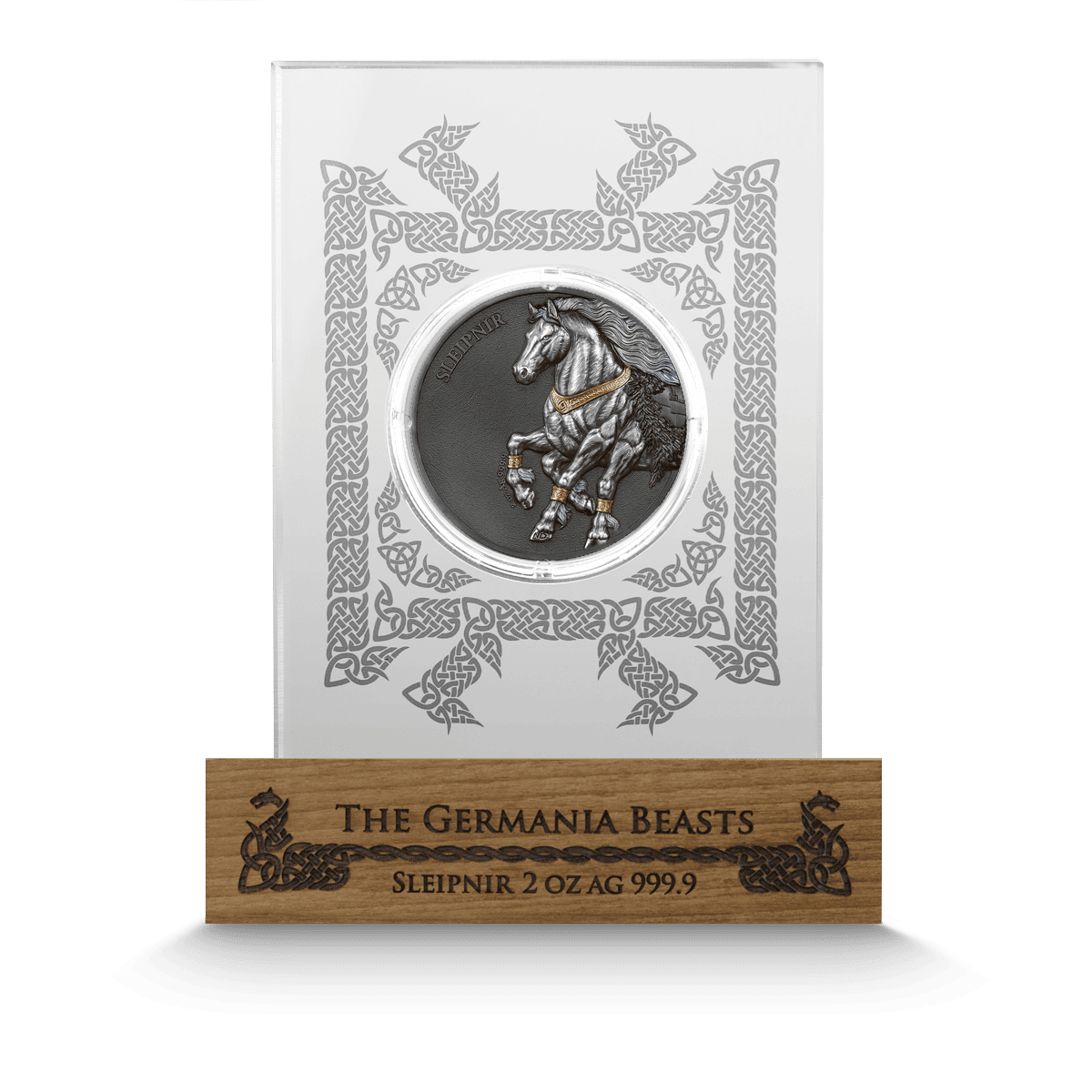 Germania Beasts Sleipnir 2 oz Silver UHR Coin with UV effect in display case.