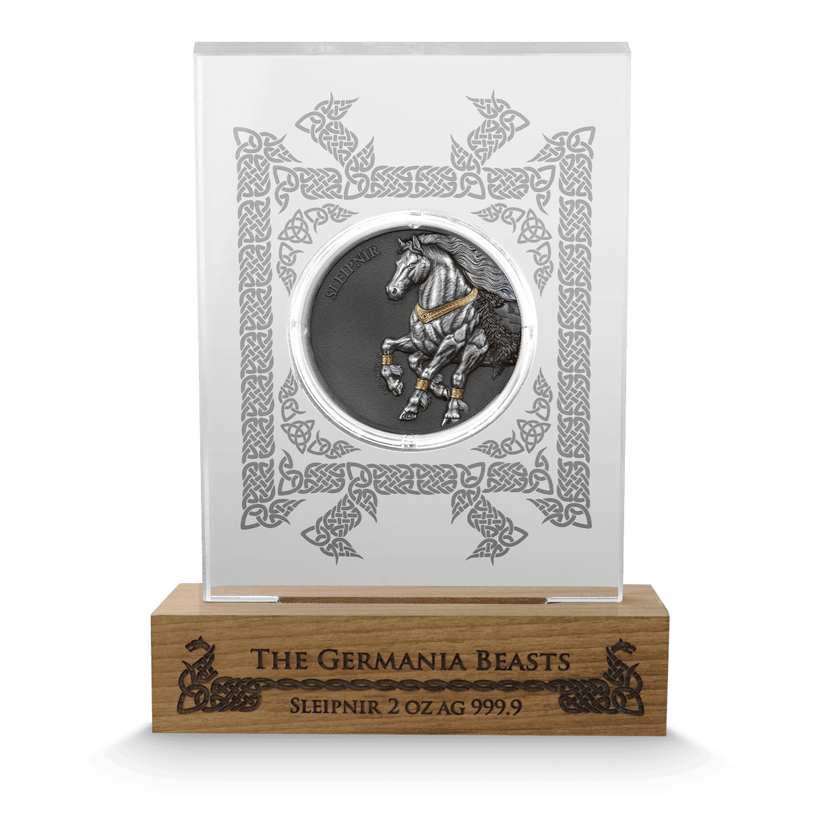 Germania Beasts Sleipnir 2 oz Silver UHR Coin with UV effect, case, and detailed design.