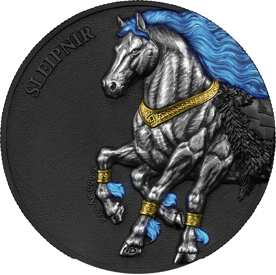 Sleipnir silver coin with blue mane and gold accents, 2026 Germania Beasts series.