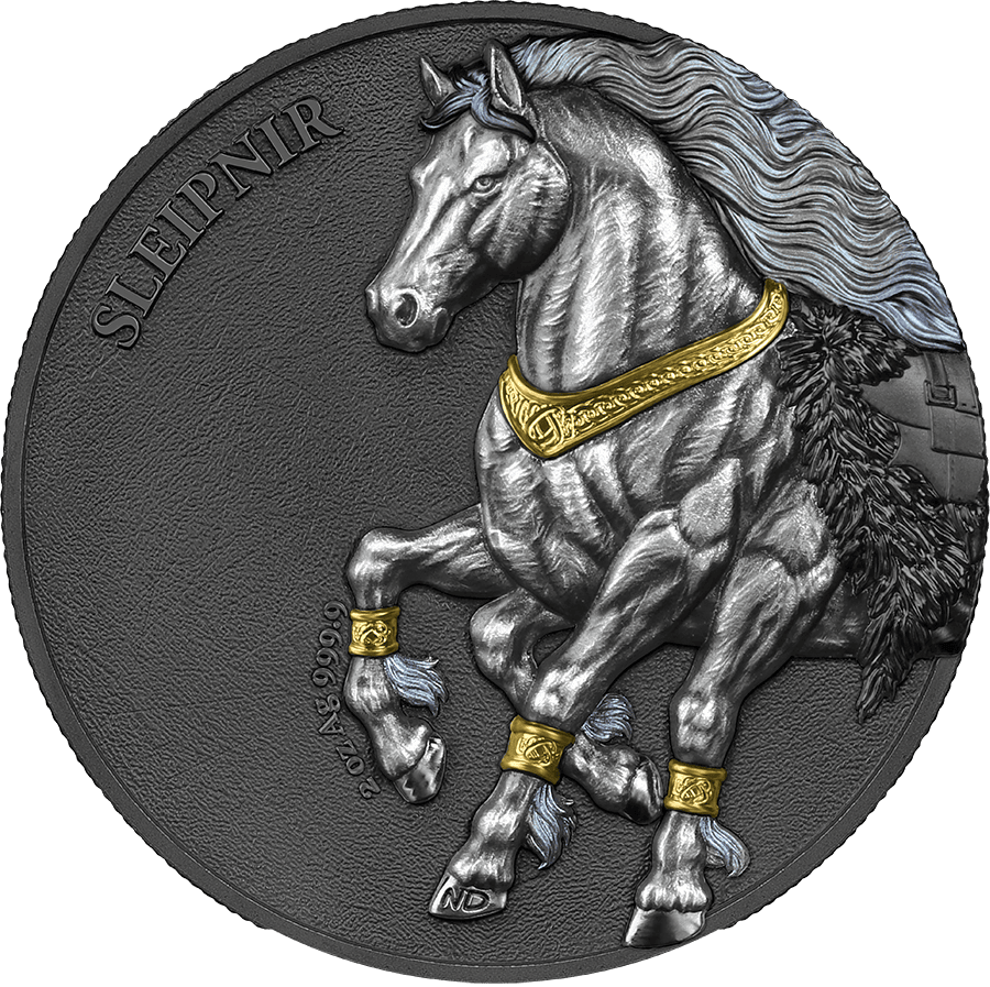 Sleipnir 2 oz silver coin with UV effect, detailed horse design, gold accents, and Germanic theme.
