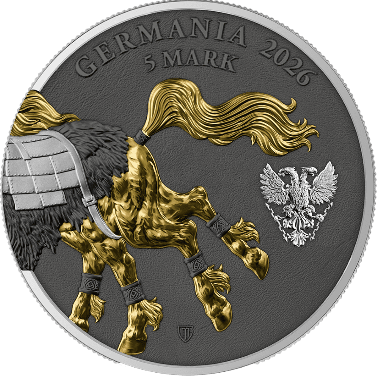2026 Germania Beasts Sleipnir Geminus silver gilded coin, front view, 5 oz.