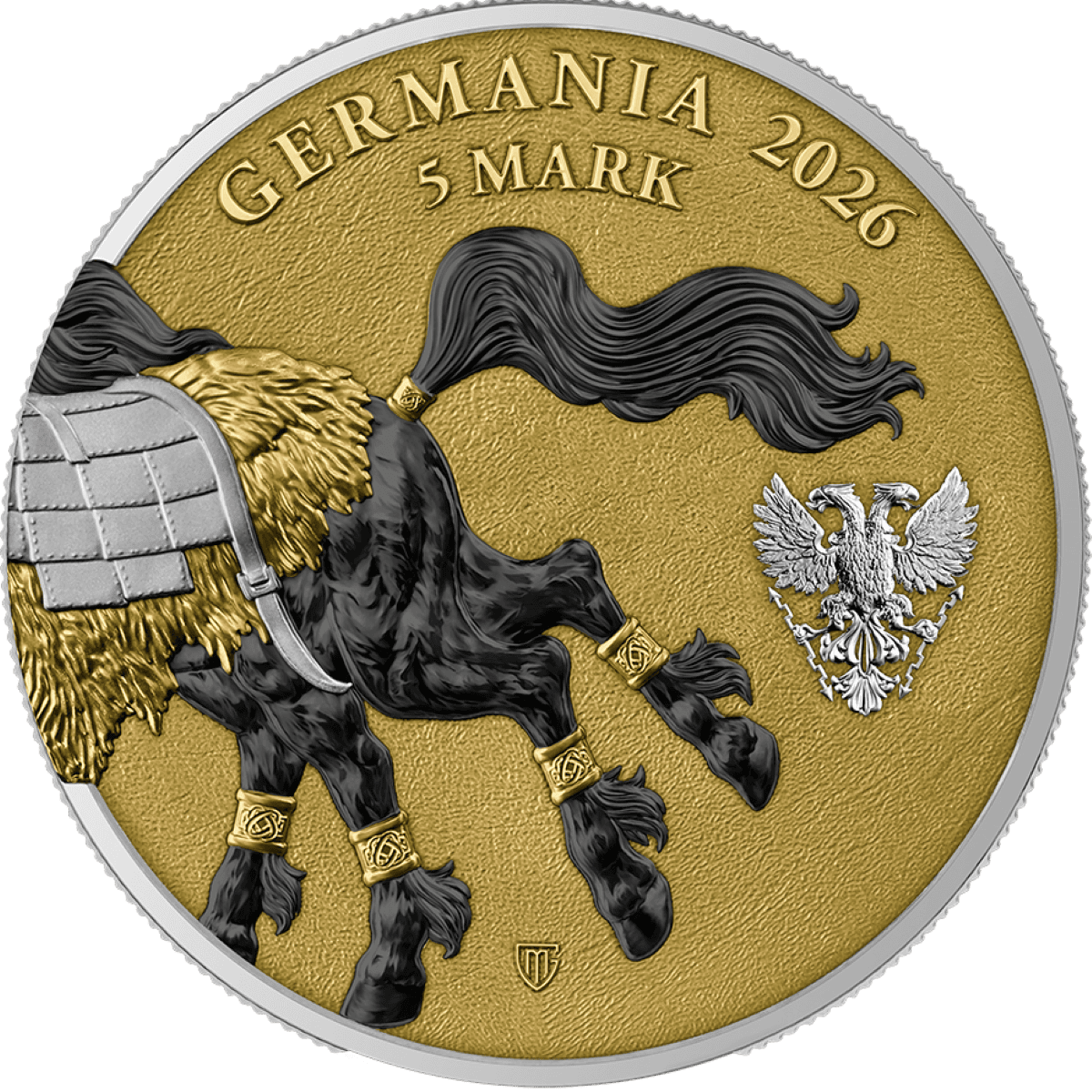 Germania 2026 5 Mark coin featuring a horse with a flowing mane and a shield.