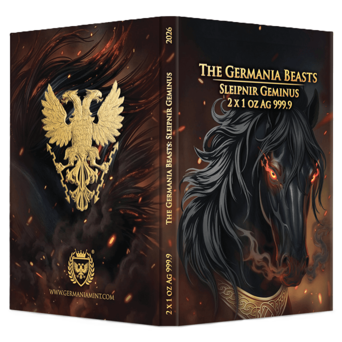 Germania Beasts Sleipnir Geminus silver coin with black horse and fiery eyes, gold emblem on black.