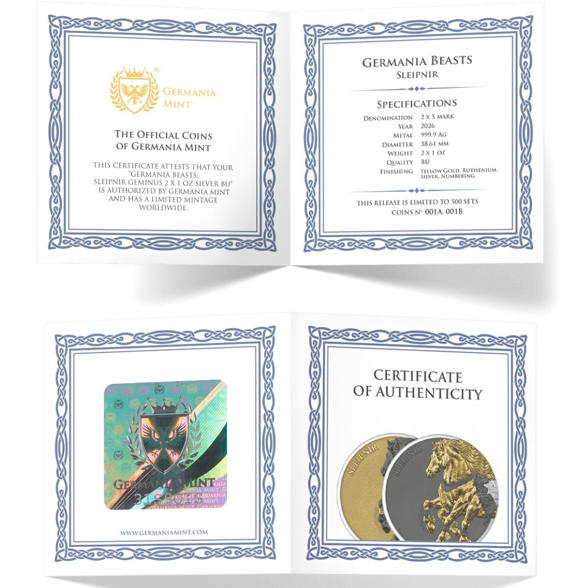 2026 Germania Beasts Sleipnir Geminus 2x1 oz Silver Gilded Coin GR Reserve Front Coin 1.