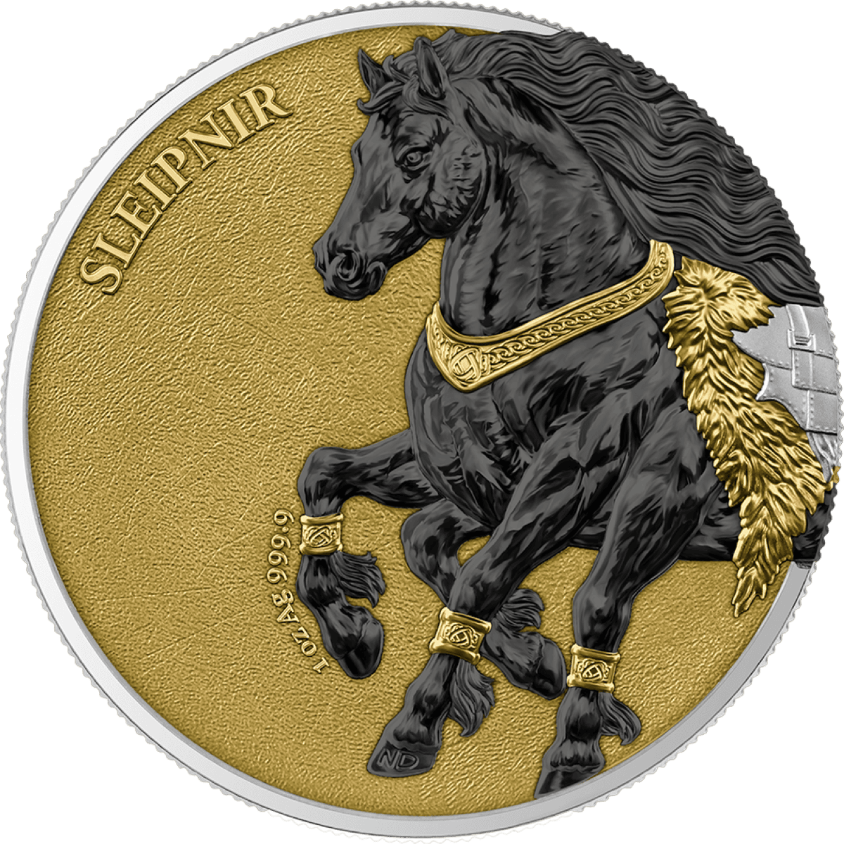 Sleipnir horse coin with gold accents, black and silver details, 2026 Germania Beasts.
