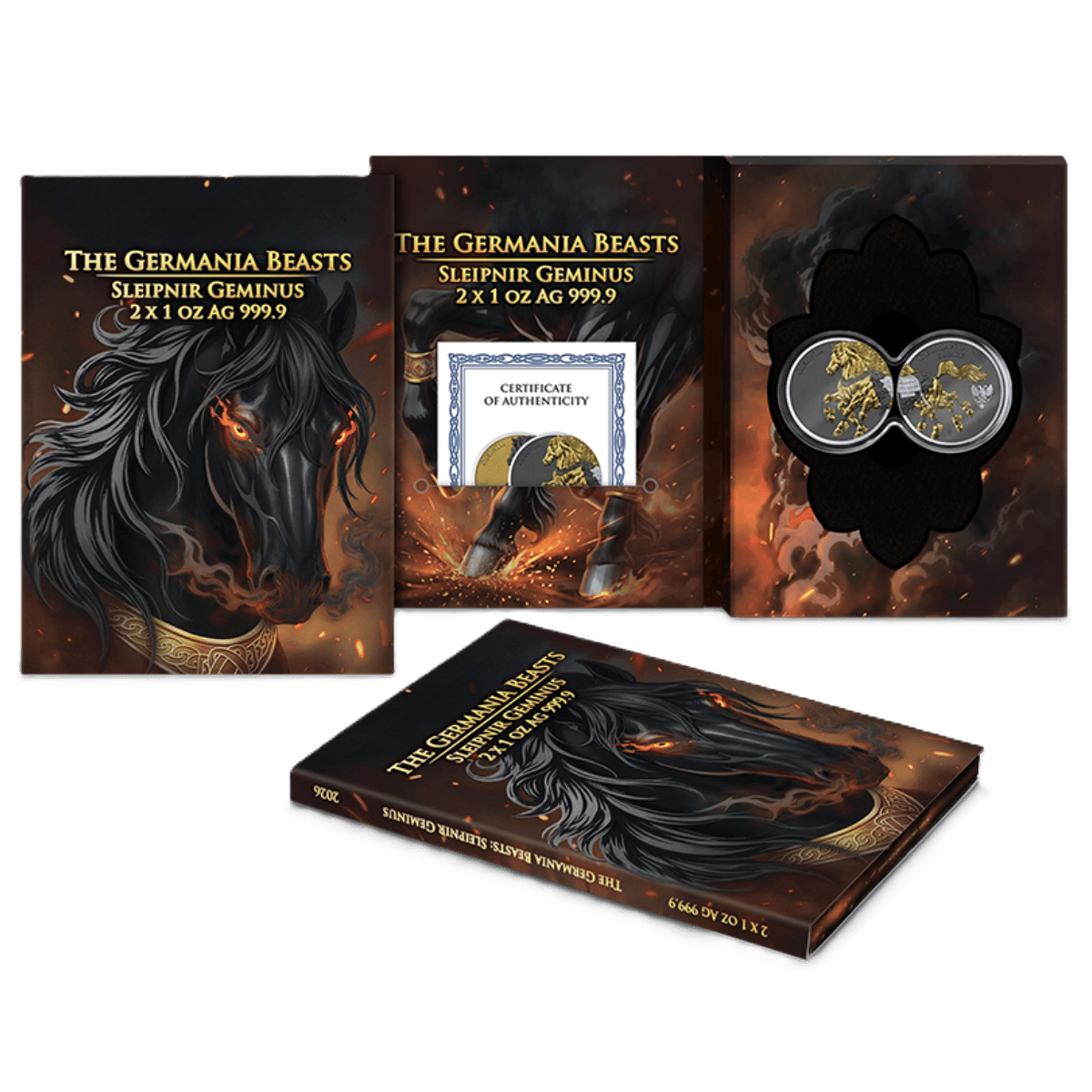 Germania Beasts Sleipnir Geminus 2x1 oz Silver Gilded Coin GR Reserve Back Packaging.