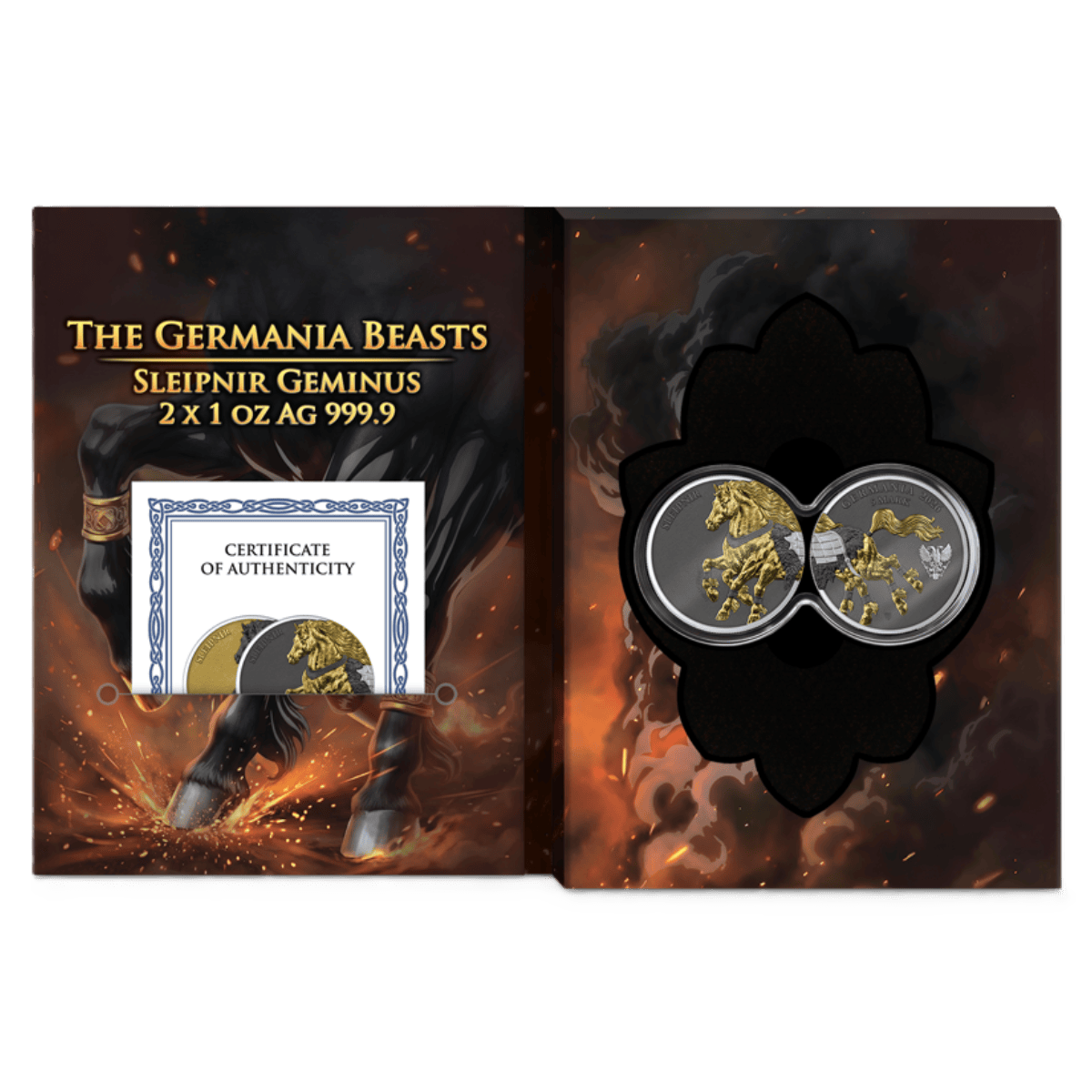 2026 Germania Beasts Sleipnir Geminus silver gilded coin back with packaging open.