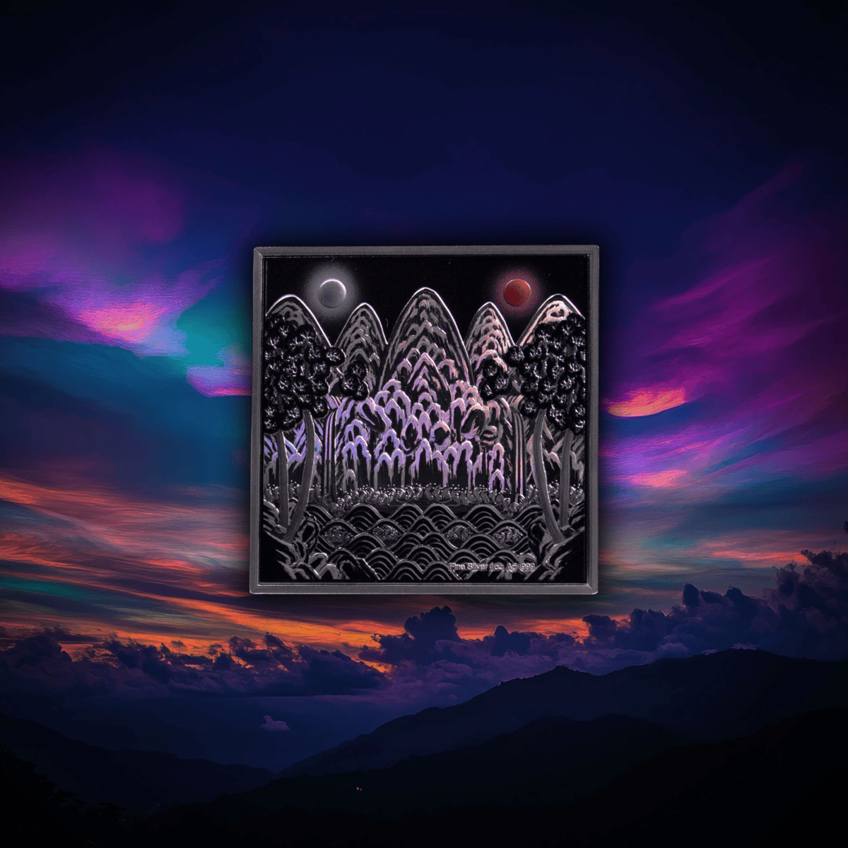 Night sky with colorful clouds over mountains, featuring a framed silver coin with a landscape.