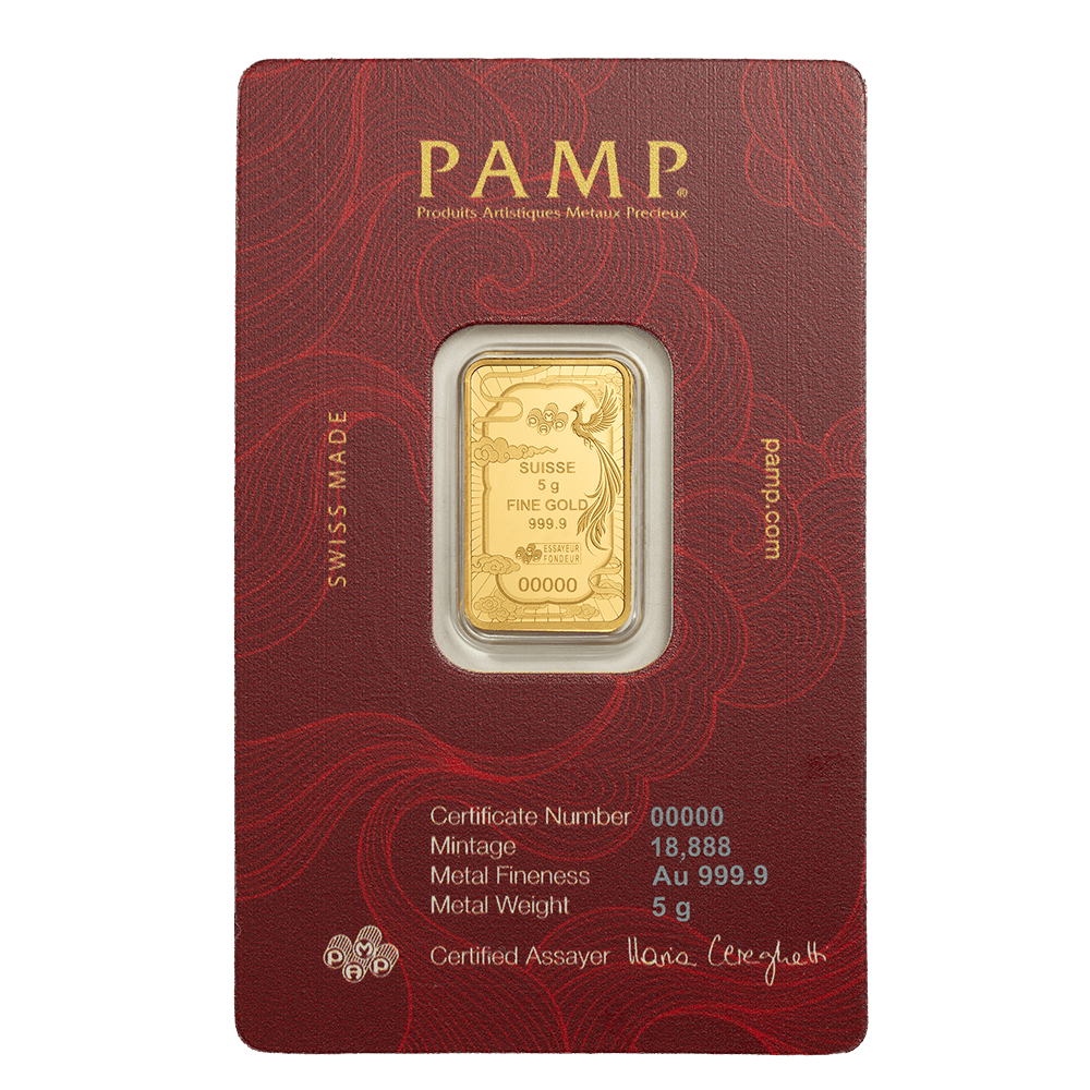 2026 PAMP Good Luck Phoenix 5g Gold Proof-Like Bar in Card - Image 2