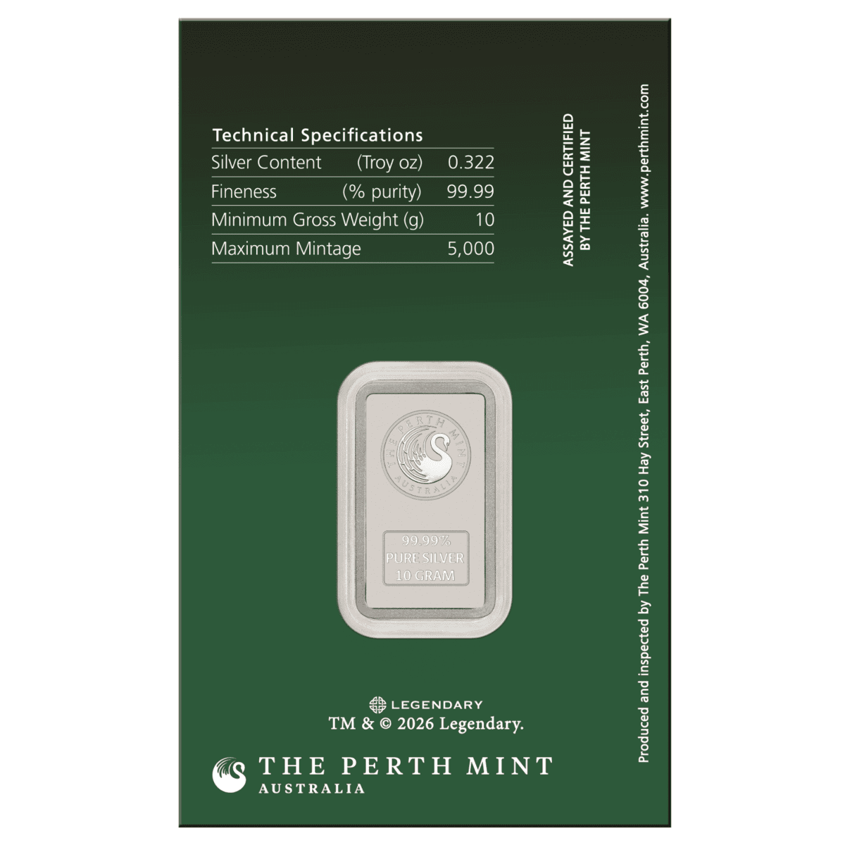 Back of the retail card listing technical specifications for the Dune silver bar and Perth Mint branding