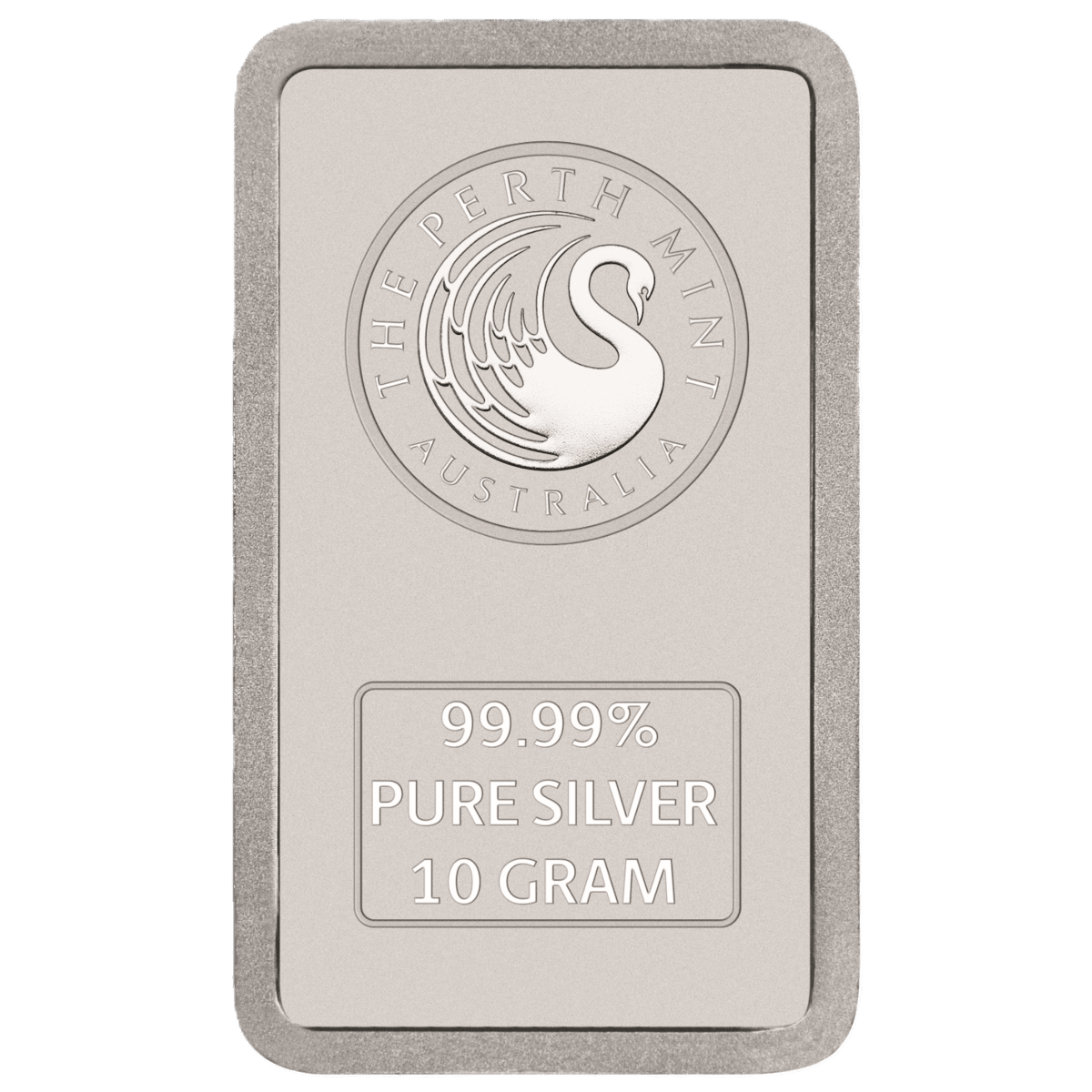 Back of the silver bar showing the Perth Mint swan logo and a 99.99% pure silver 10 gram stamp