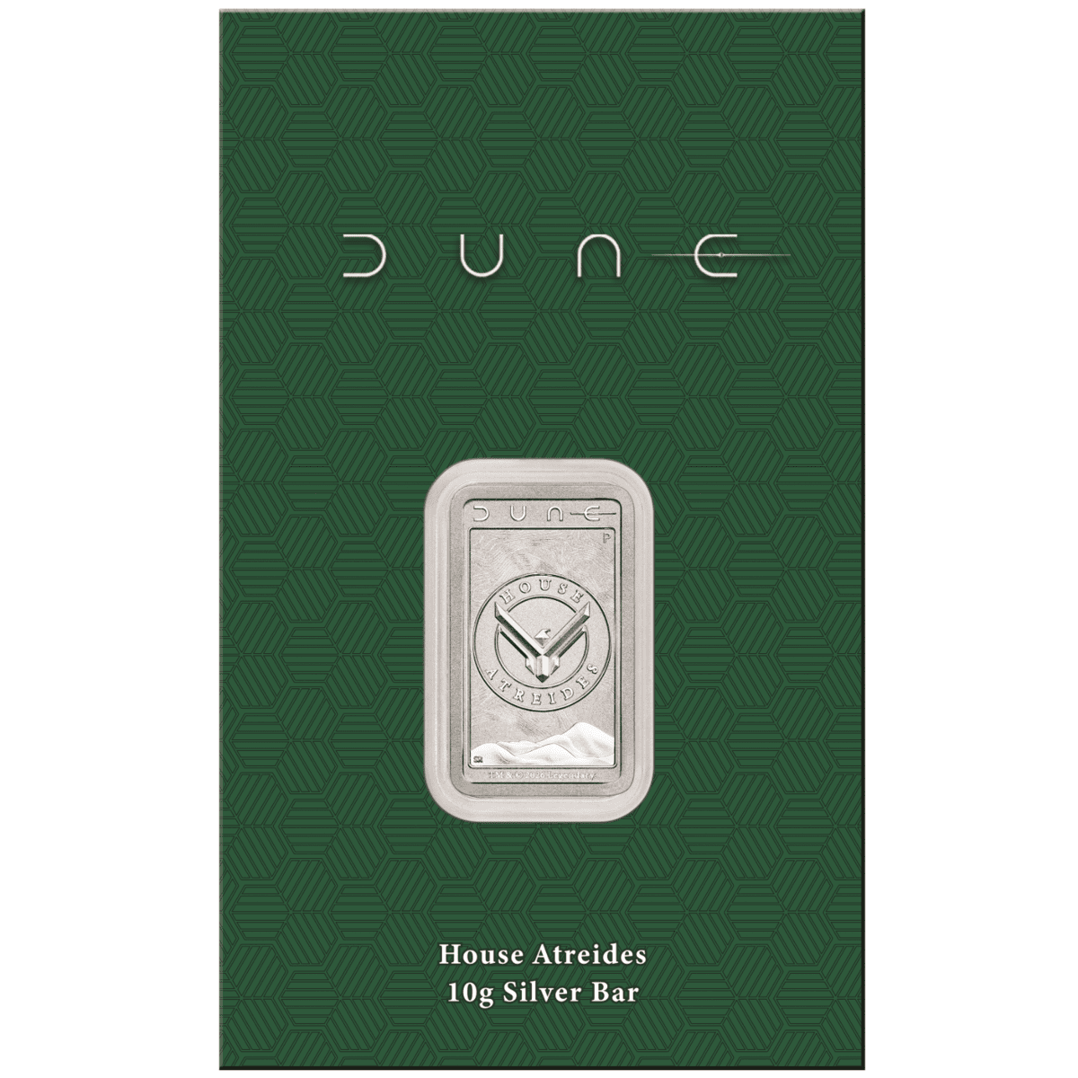 Front of the retail card packaging for the Dune bar, dark green with the bar mounted in a center window
