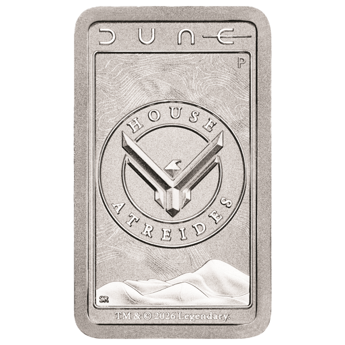 10g silver minted bar stamped with the Dune wordmark, House Atreides crest, and a dune silhouette