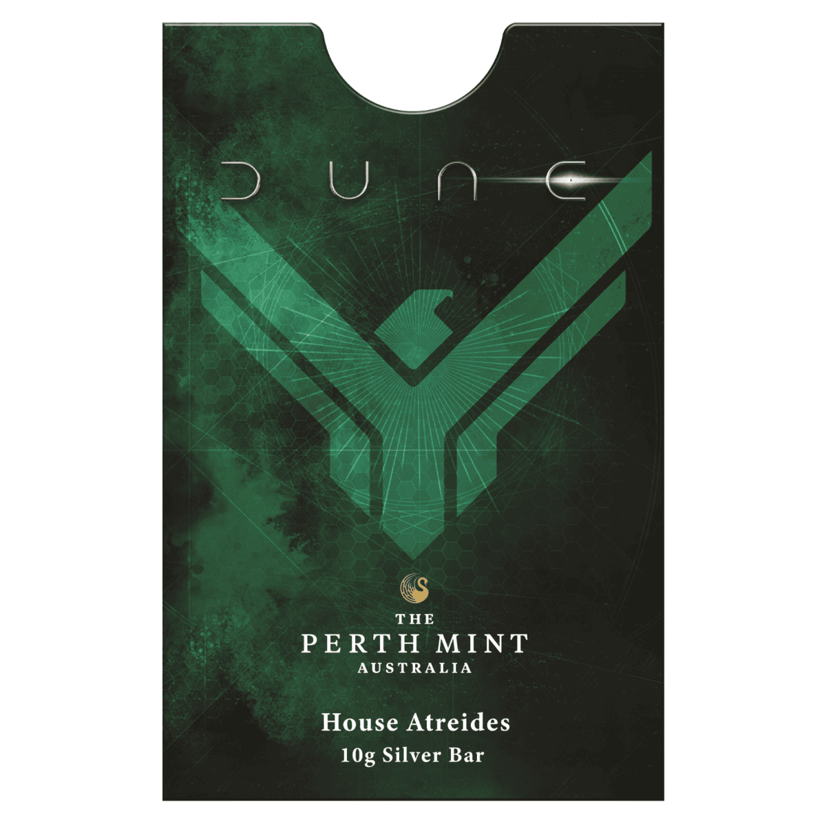Hang-tab outer packaging sleeve for the Dune bar, dark green with a large House Atreides crest watermark