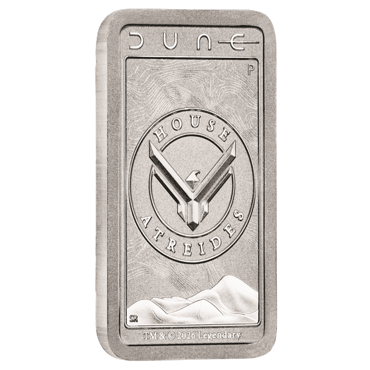 Angled view of the same Dune silver bar design, tilted slightly to reveal the bar's edge