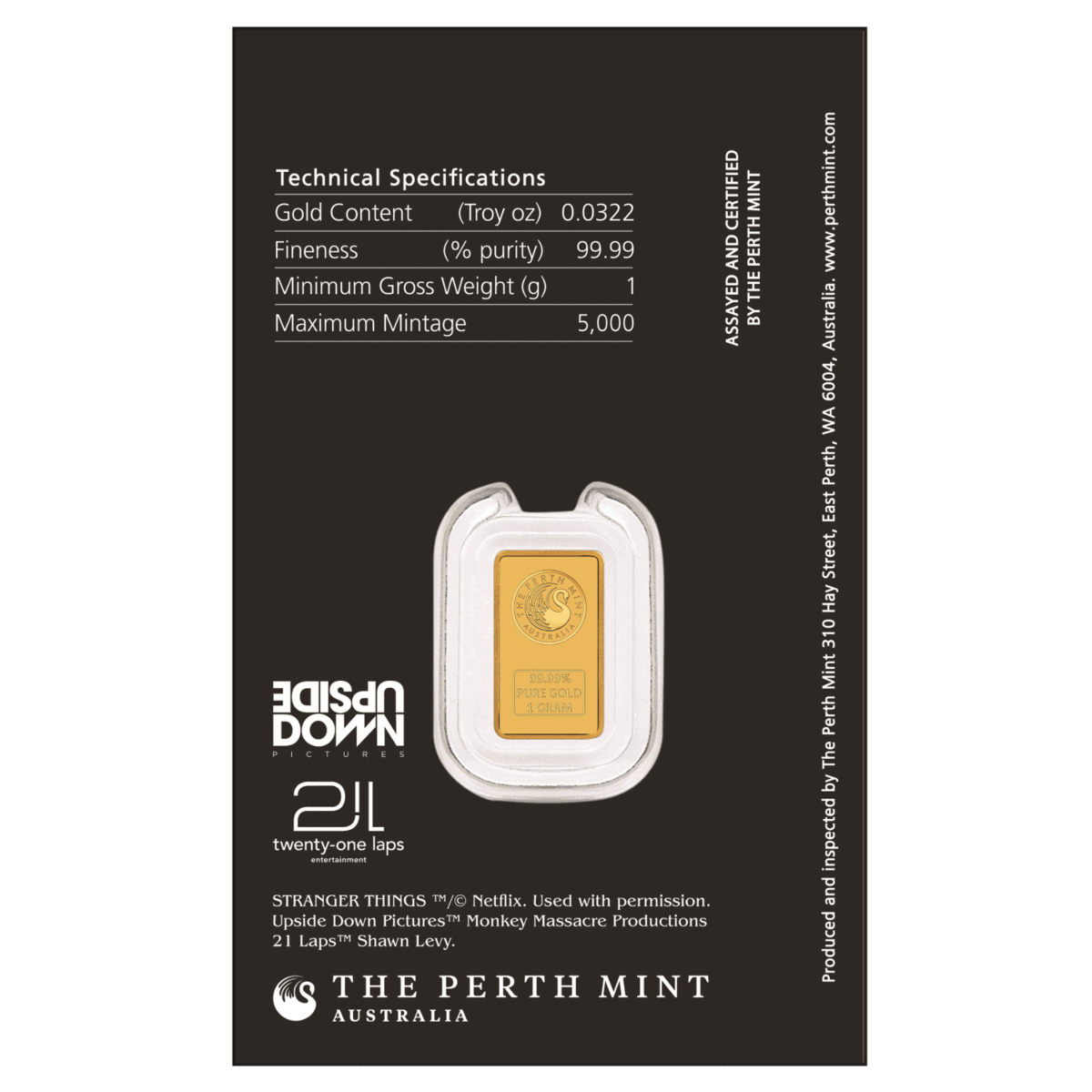 Back of the Stranger Things 1g gold bar card listing gold content, fineness, weight, and mintage specifications