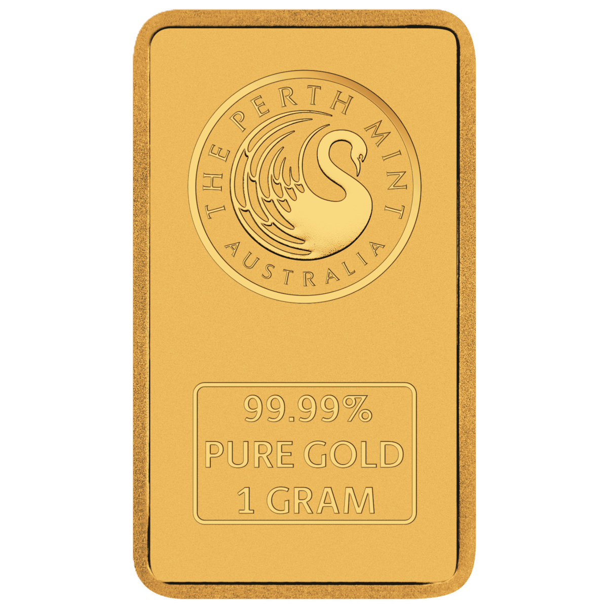 1 gram gold bar purity face, Perth Mint swan logo above 99.99% Pure Gold, 1 Gram text