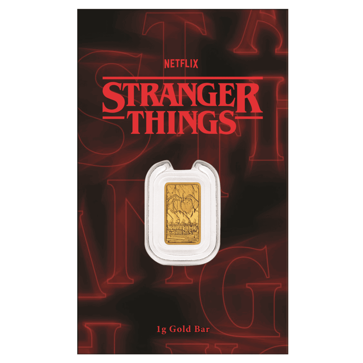Perth Mint Stranger Things 1g gold bar sealed in its blister card, red and black Netflix branded packaging