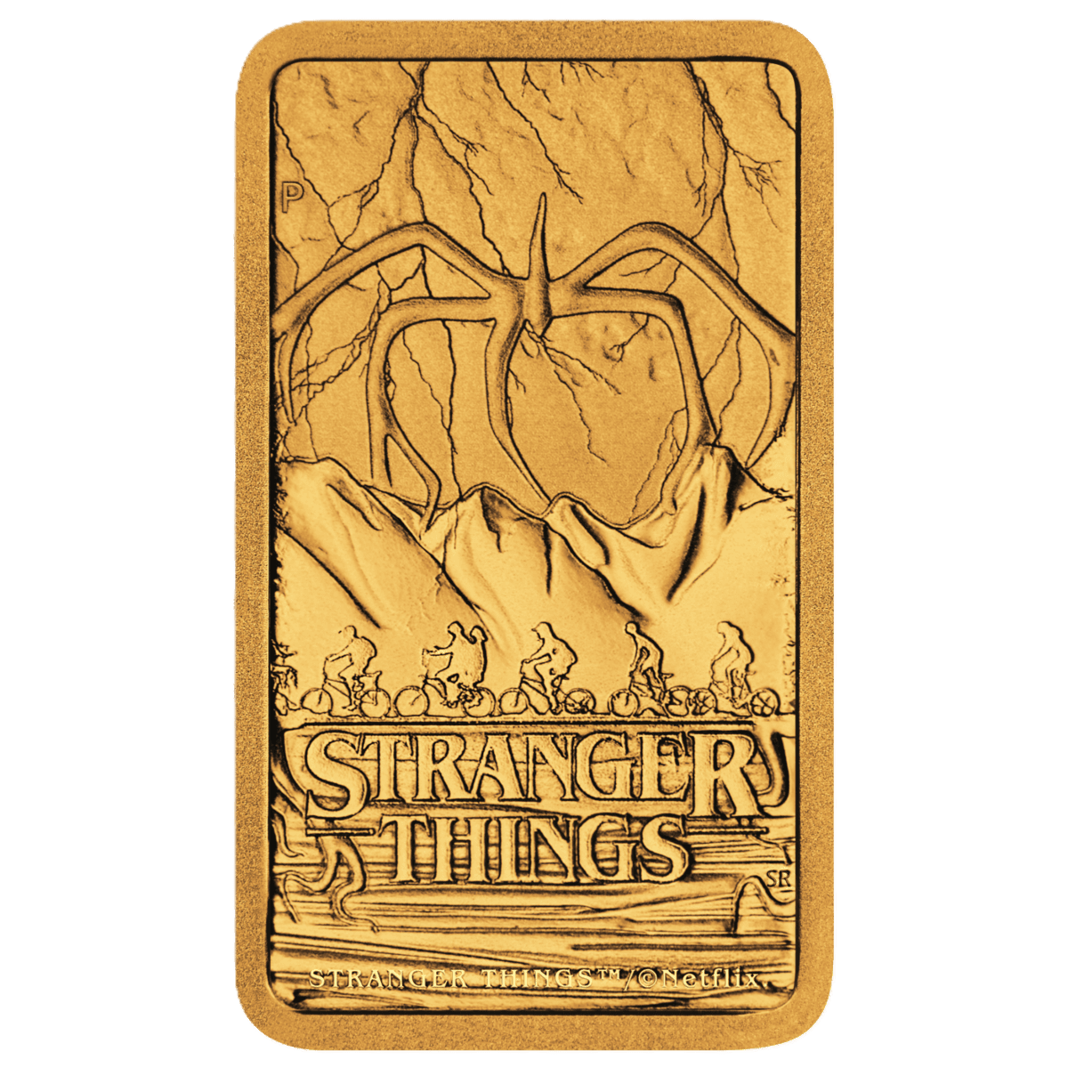 1 gram gold bar, embossed design face with a spider-limbed monster silhouette over mountains and cyclists