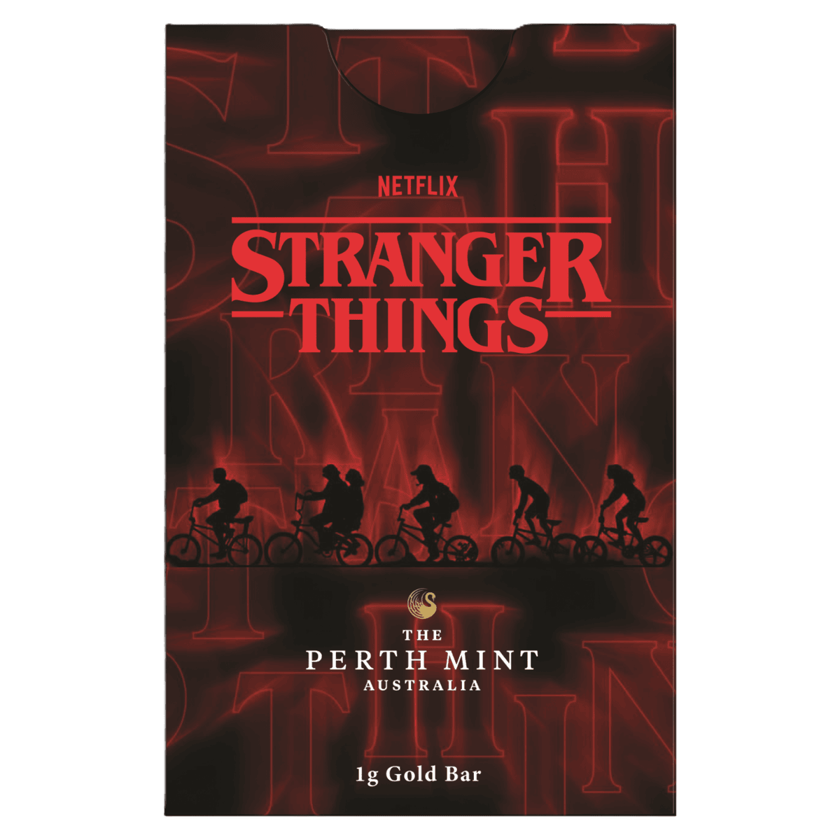 Stranger Things 1g gold bar packaging card, red and black themed with Netflix branding and a cyclist silhouette row