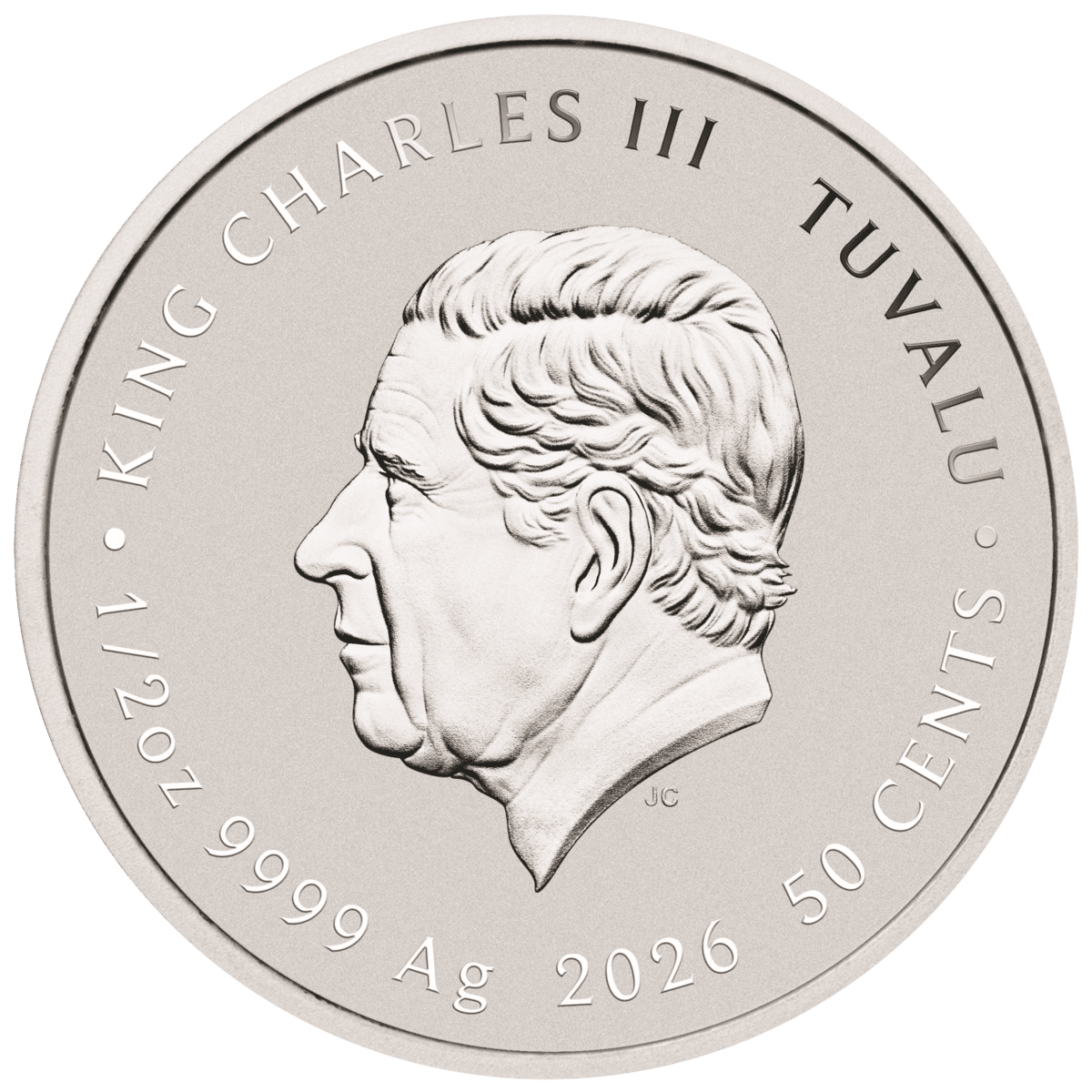 Obverse of a 2026 Tuvalu coin showing the King Charles III portrait, 1/2oz 9999 Ag 2026 50 CENTS inscription