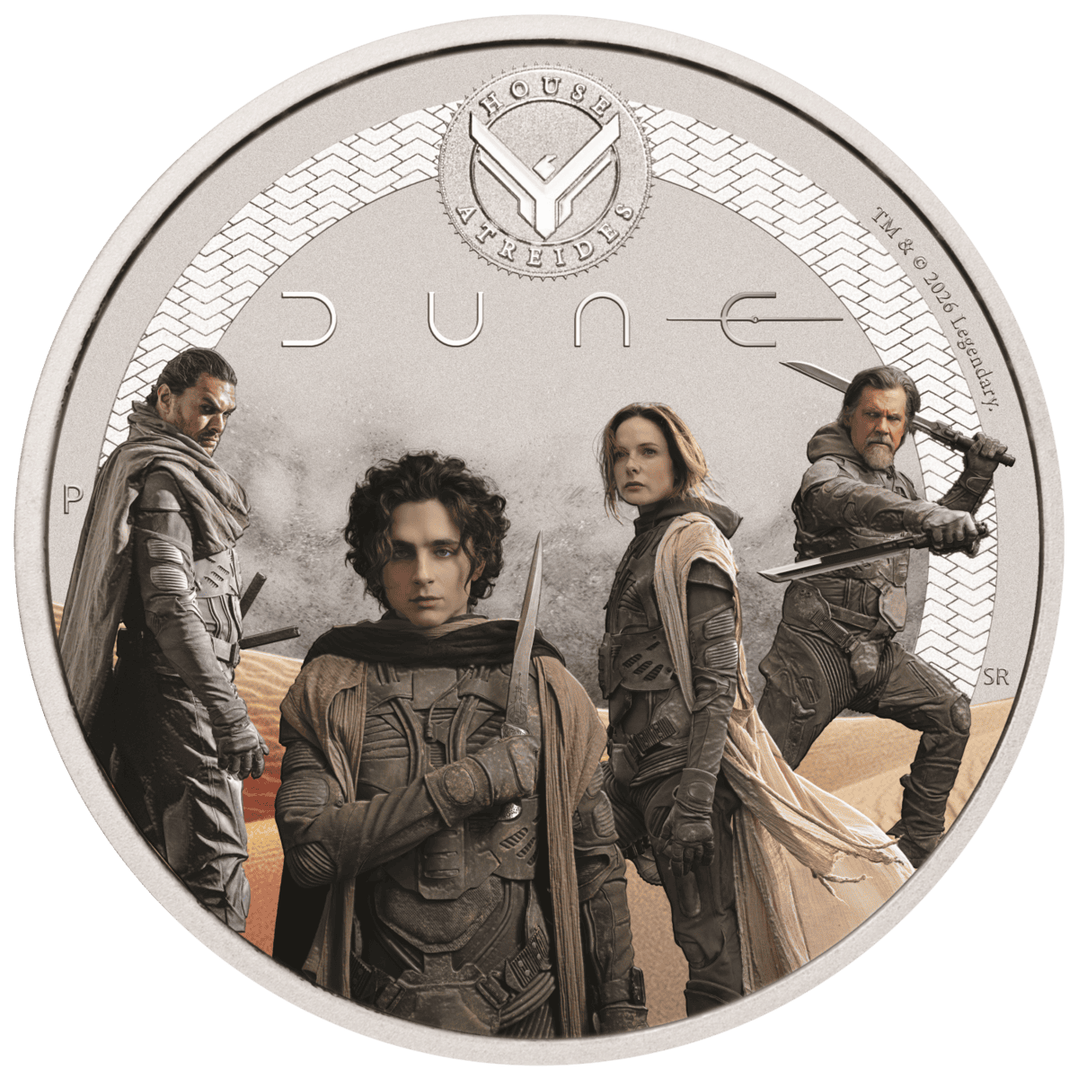 Colorized 1/2 oz silver coin with five House Atreides characters below the Dune wordmark and crest emblem